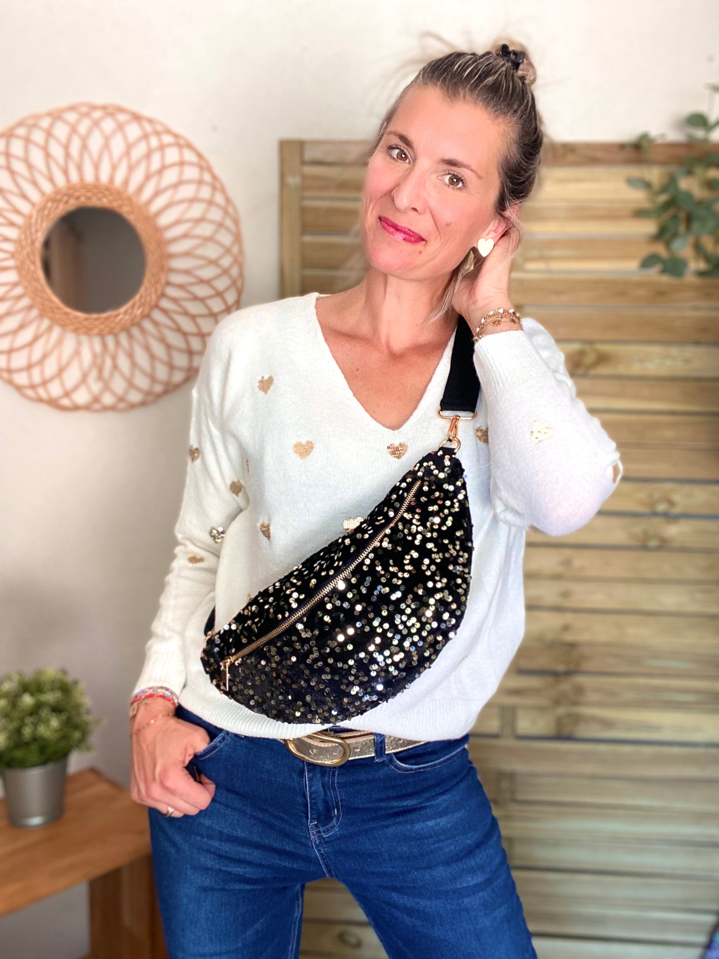 Sac banane L velours à sequins Ciao Boum - TAYLOR - Noir à sequins dorés