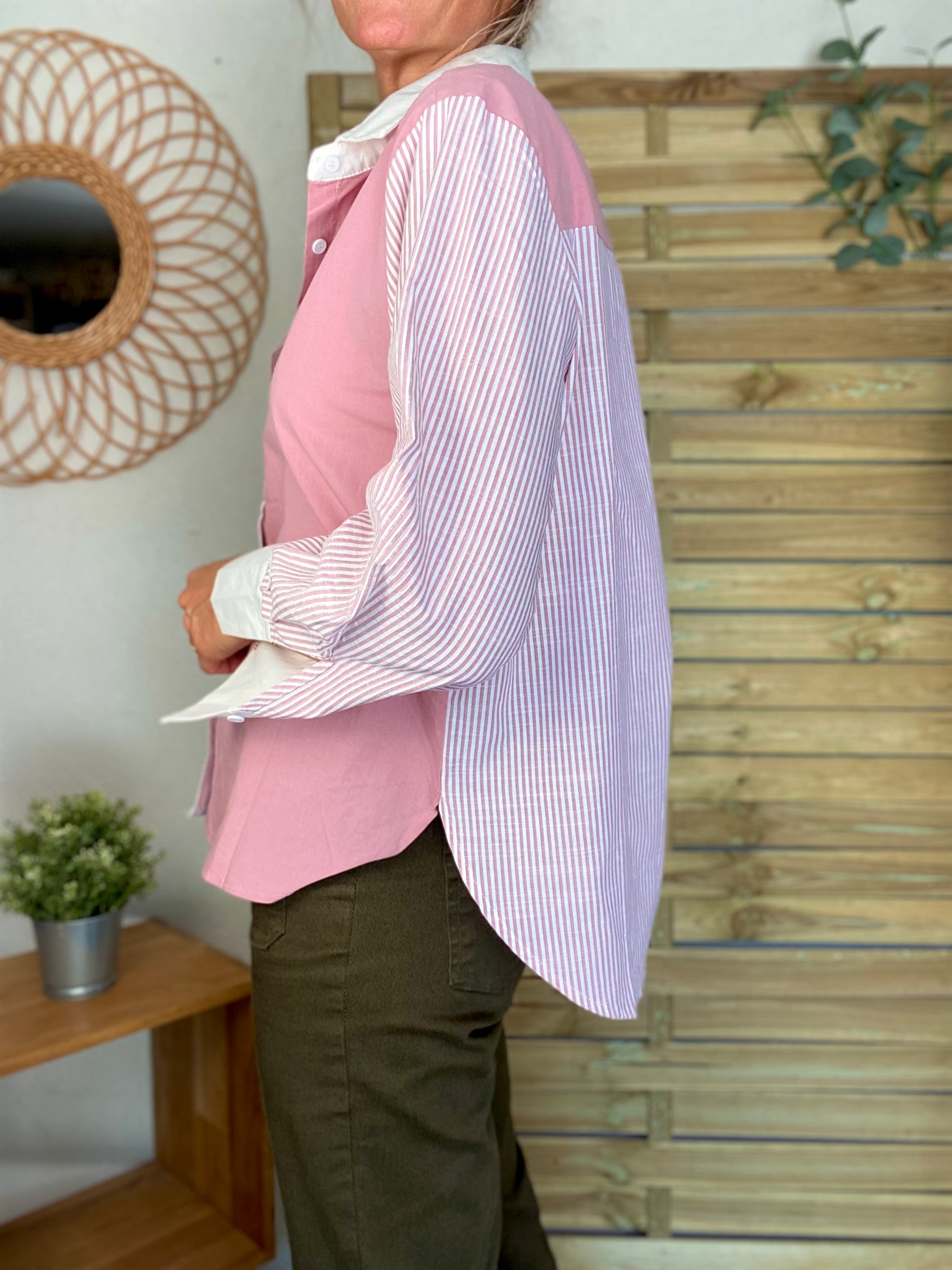 Chemise en coton rayée et uni JULIETTE - Rose