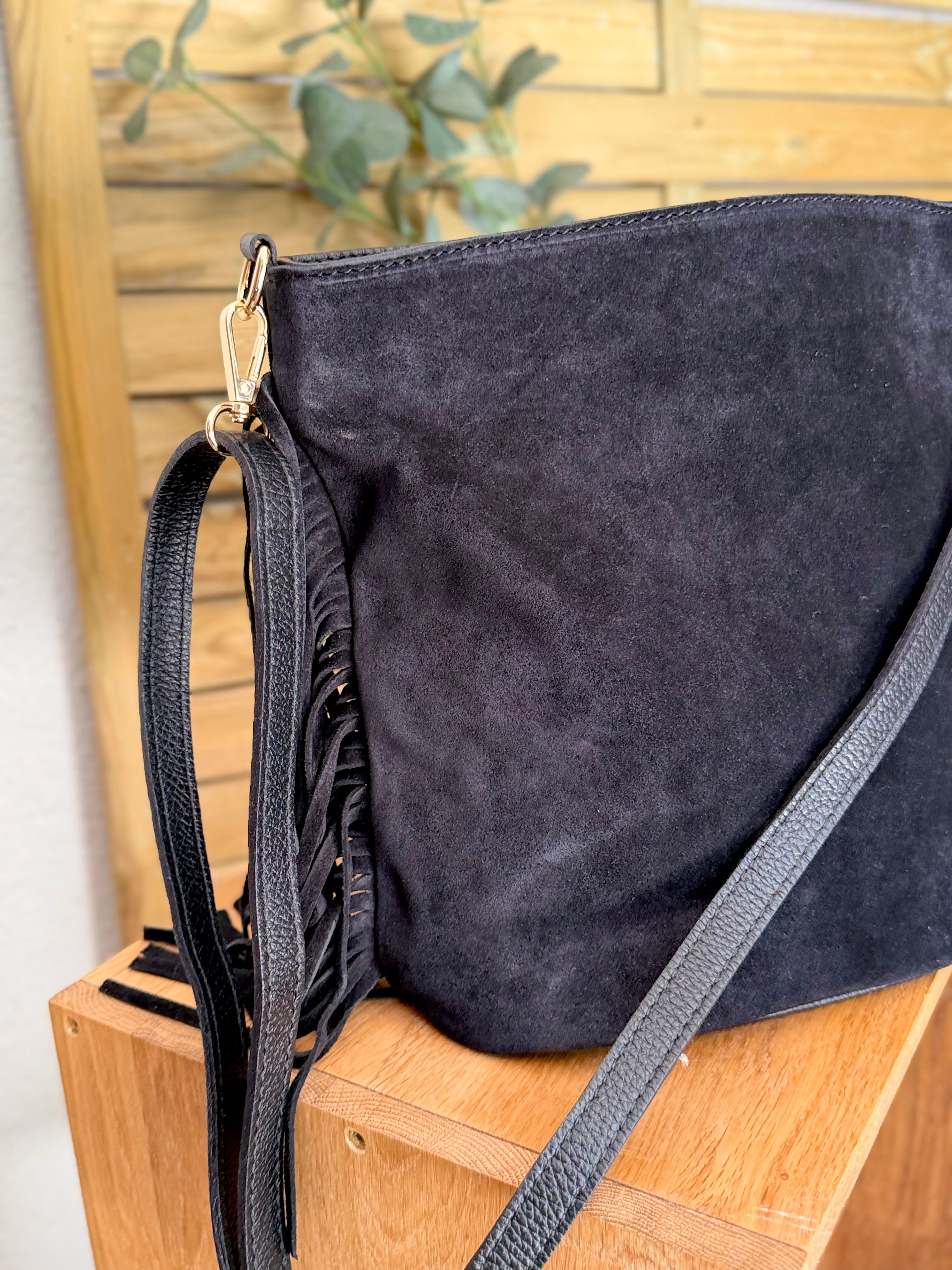 Sac seau en cuir daim avec franges KYLIE - Noir