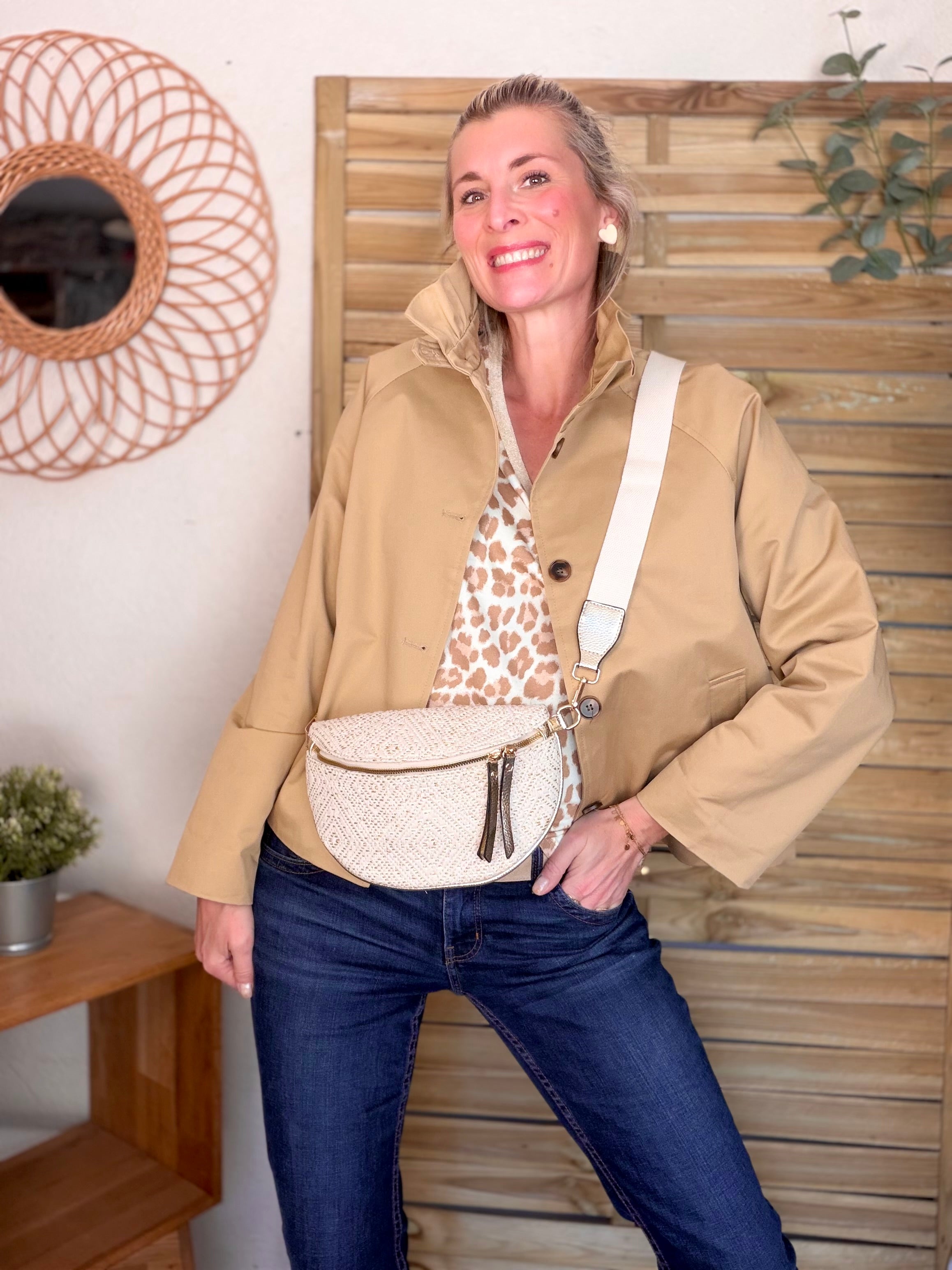 Top imprimé Léo col V lurex MIRTA - Camel