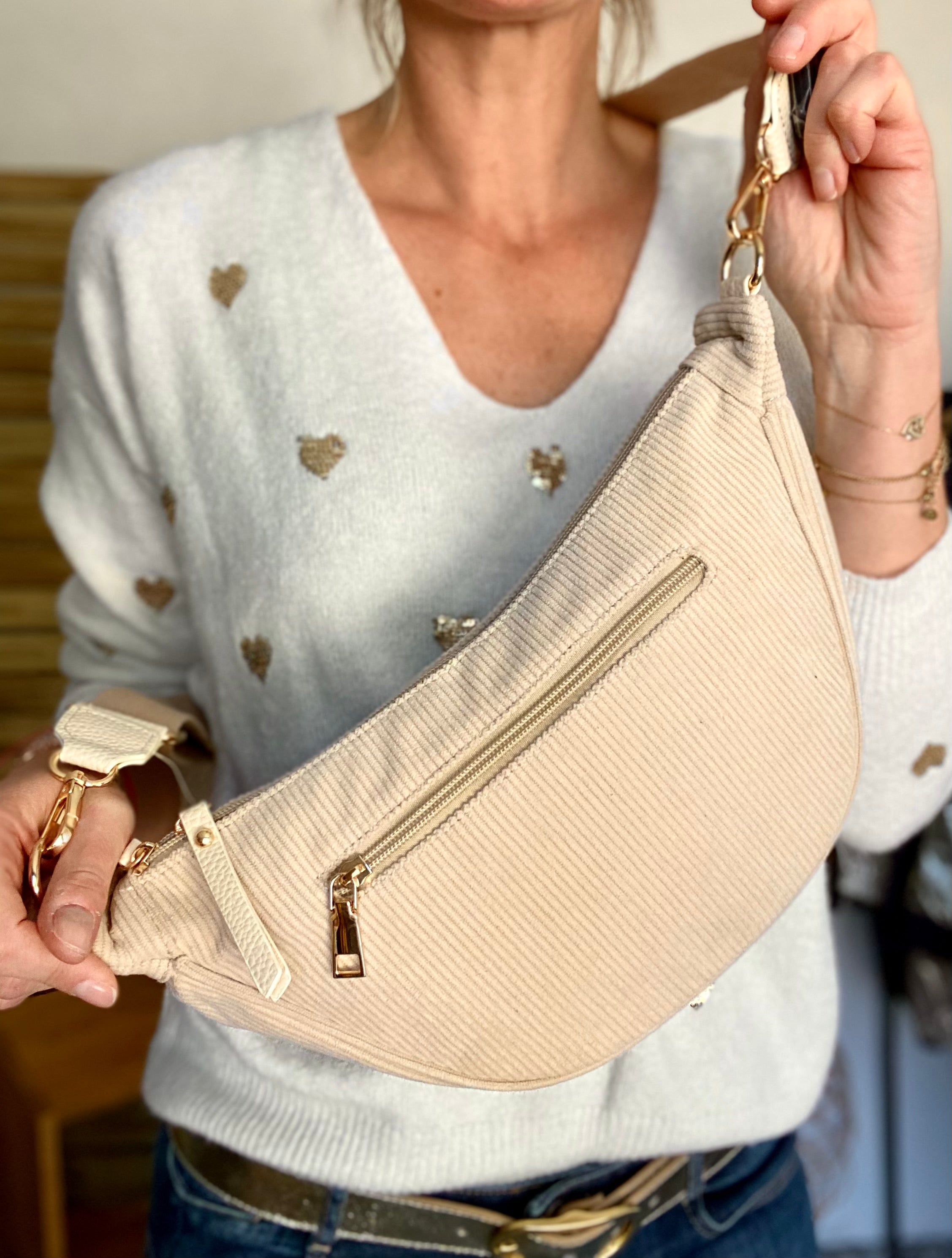 Sac besace demi-lune XL velours côtelé - AMY - Beige clair