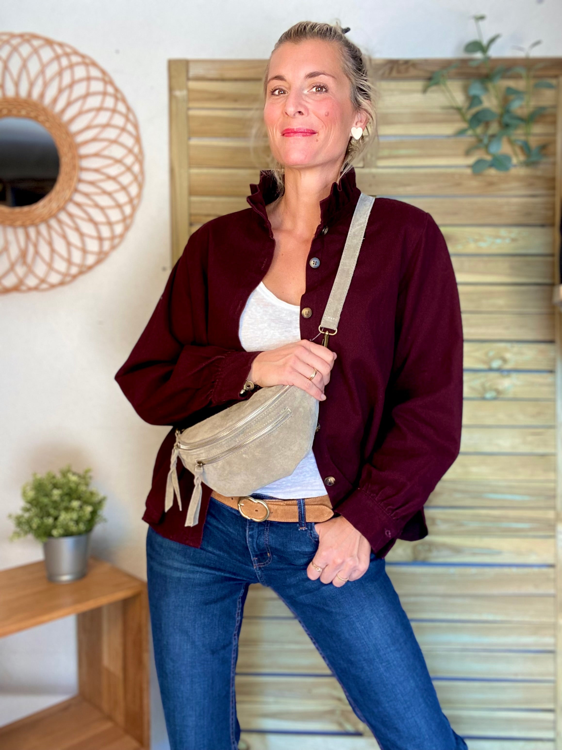 Veste / Chemise en coton, col victorien volanté LISA - Prune