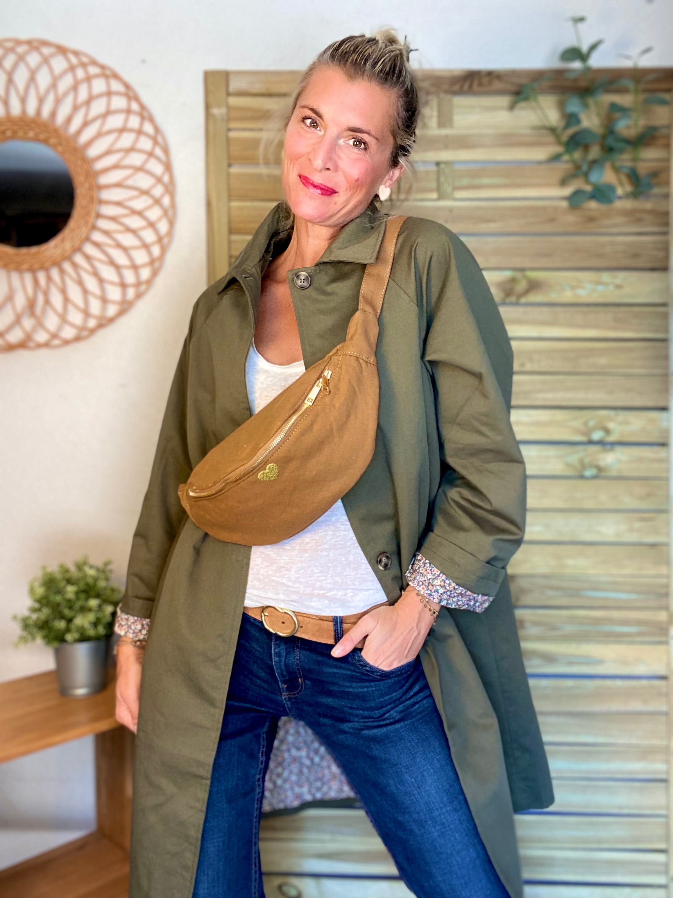 Veste Trench en coton kaki avec Liberty - MAHAUT LONG