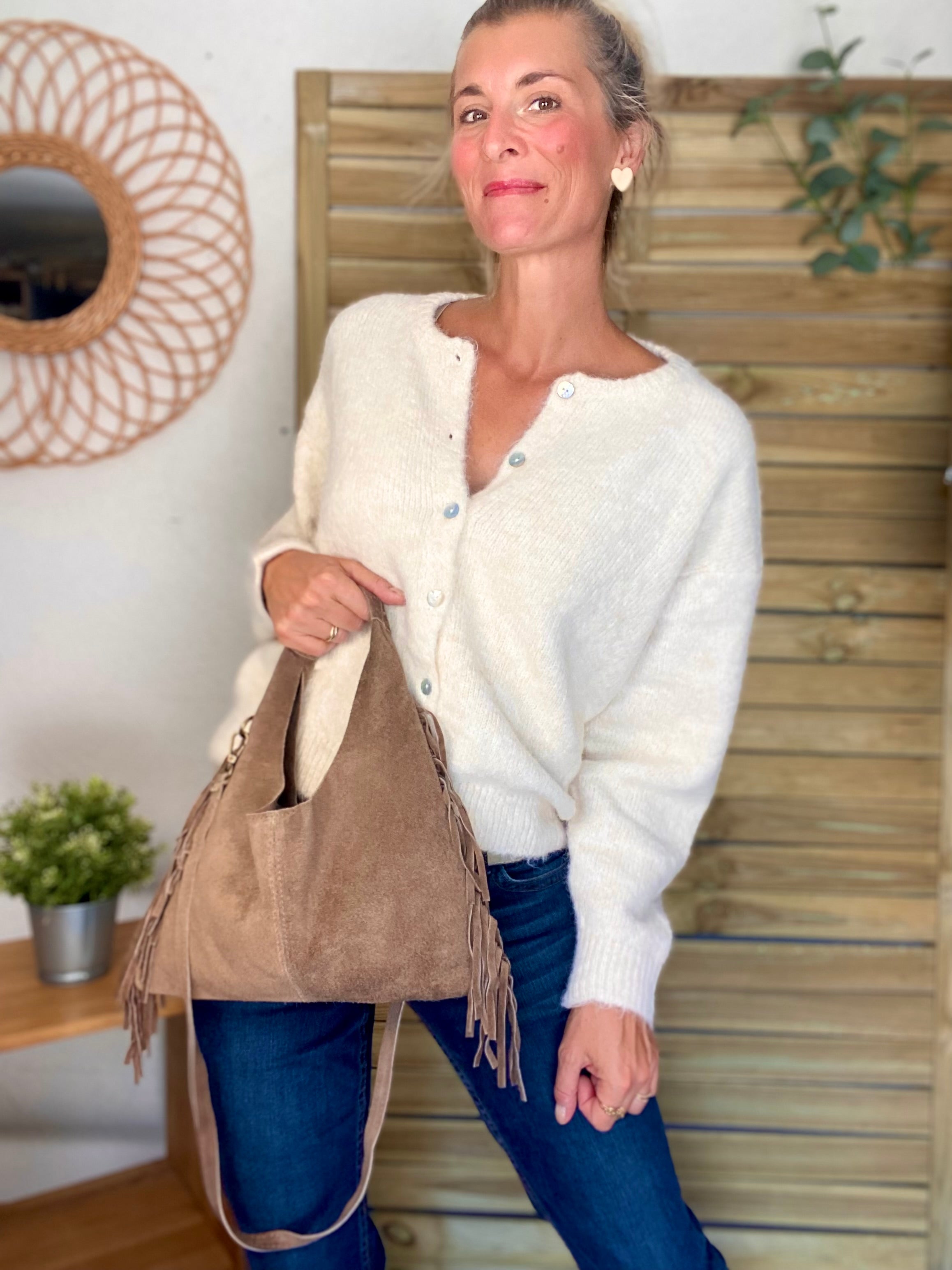 Sac en cuir daim avec franges AARON - Beige taupe