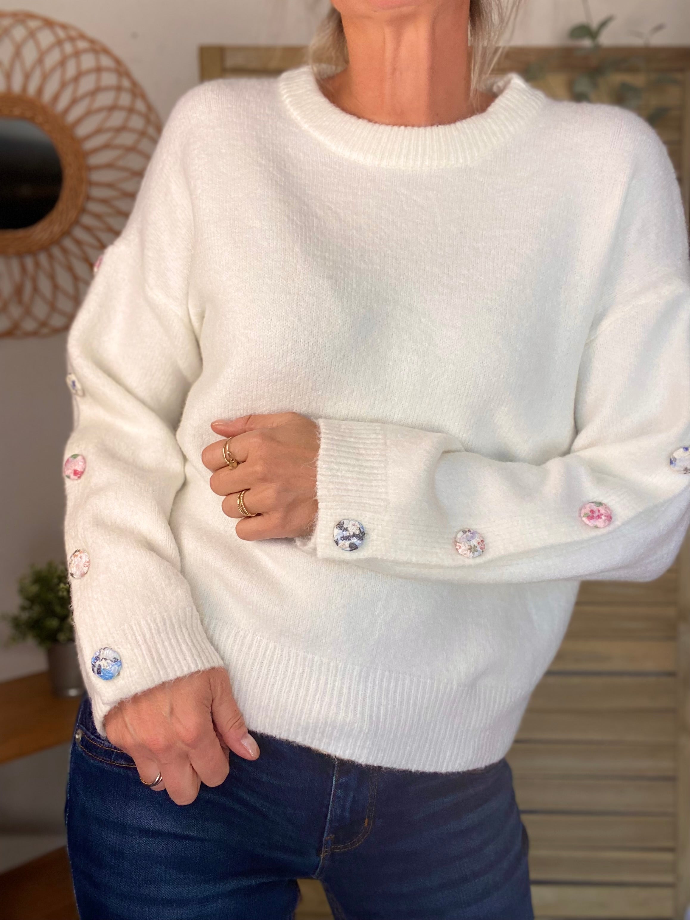⚡️ PÉPITES FRIDAY - Pull boutons tissu fleuri - Blanc - HAZEL