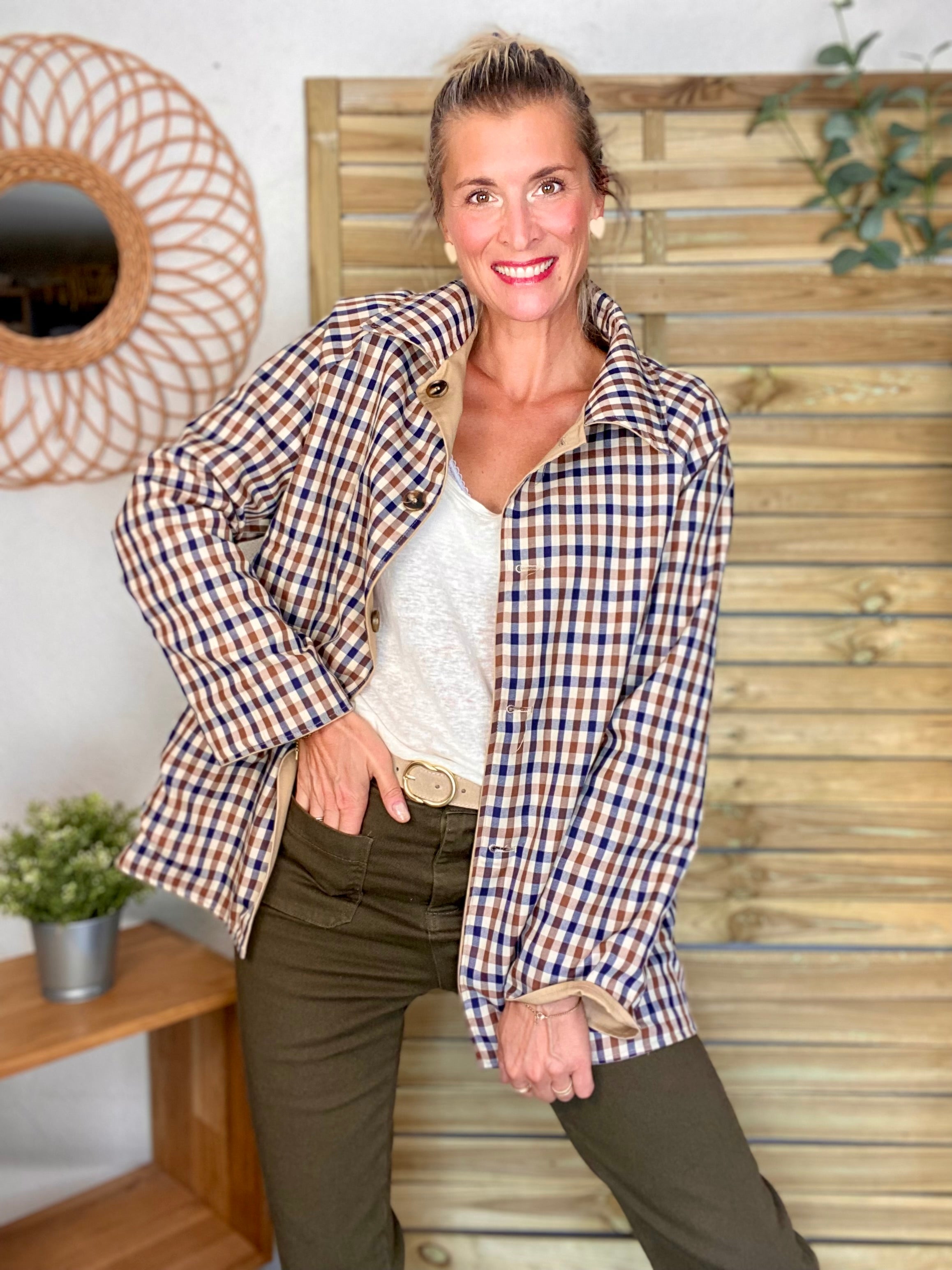 Veste Trench mi long réversible vichy LENA - Camel clair