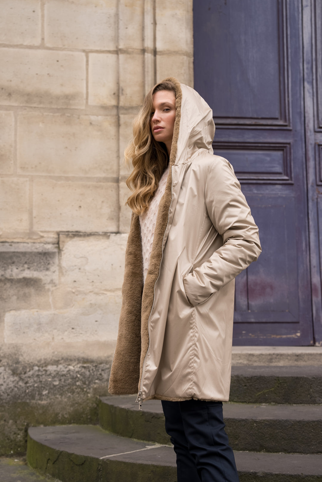 Parka Imperméable réversible fourrée Sable irisé / Camel ALIX - LAURA JO