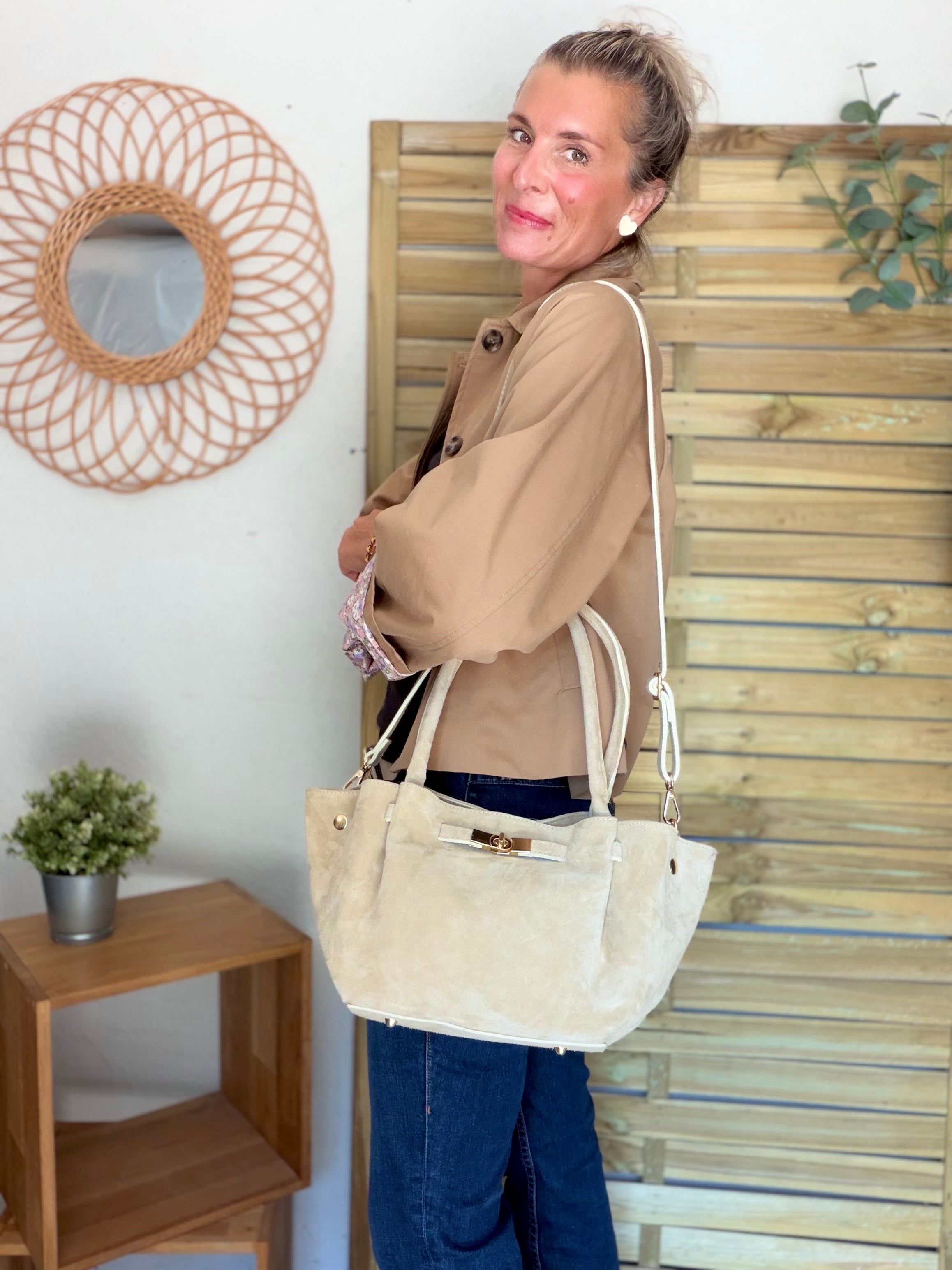 Sac cabas en cuir daim HANA - Beige