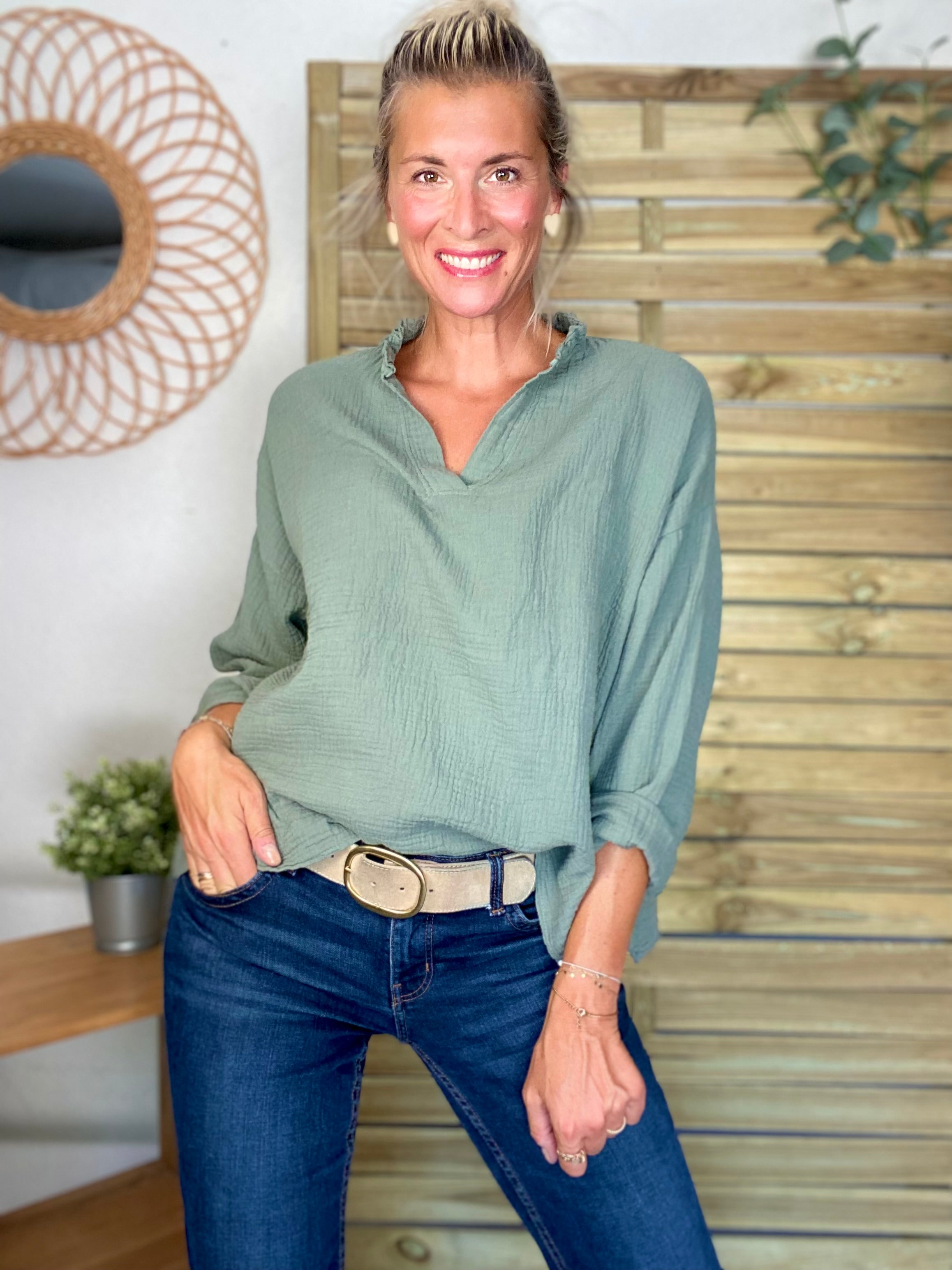 Blouse en gaze de coton SIERRA Kaki - manches longues