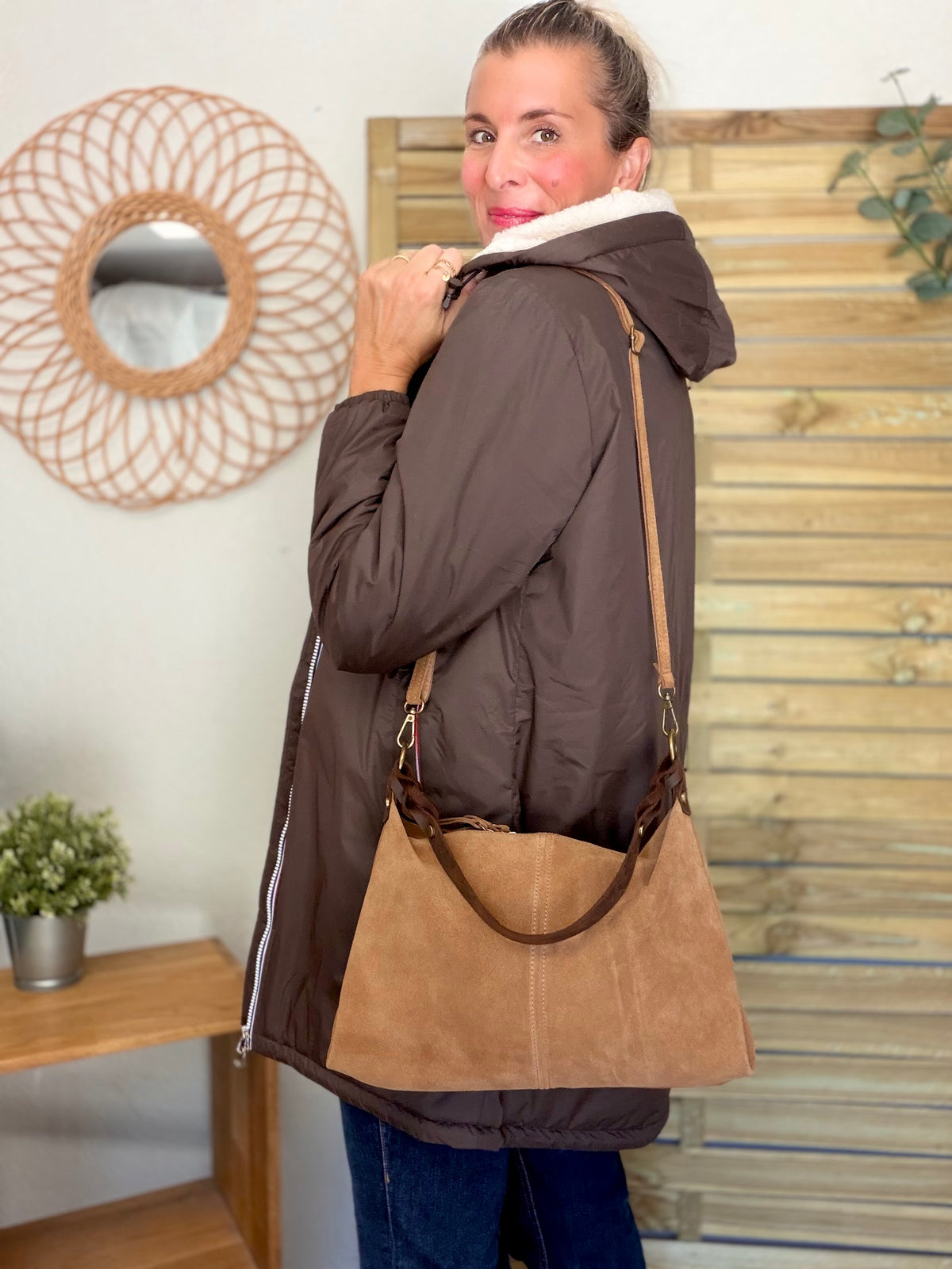 Sac hobo en cuir daim souple, double bandoulière ANDREW Camel clair