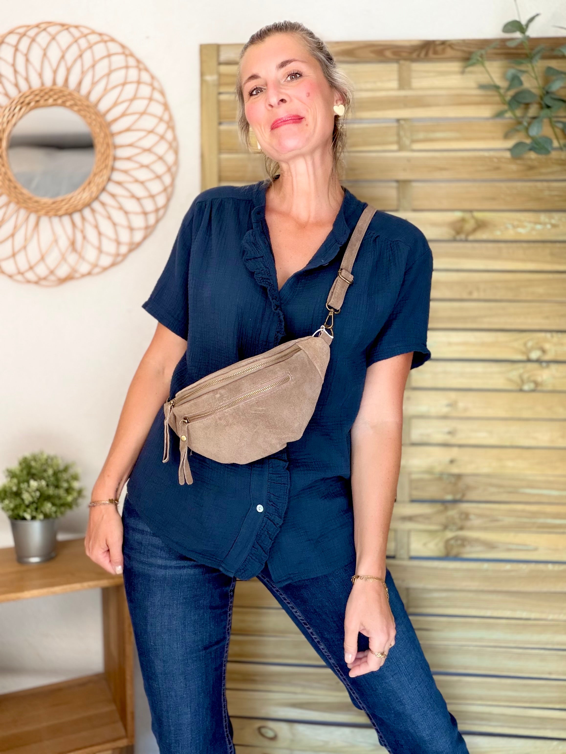 Sac banane double poche en cuir daim - OPALINE - Taupe