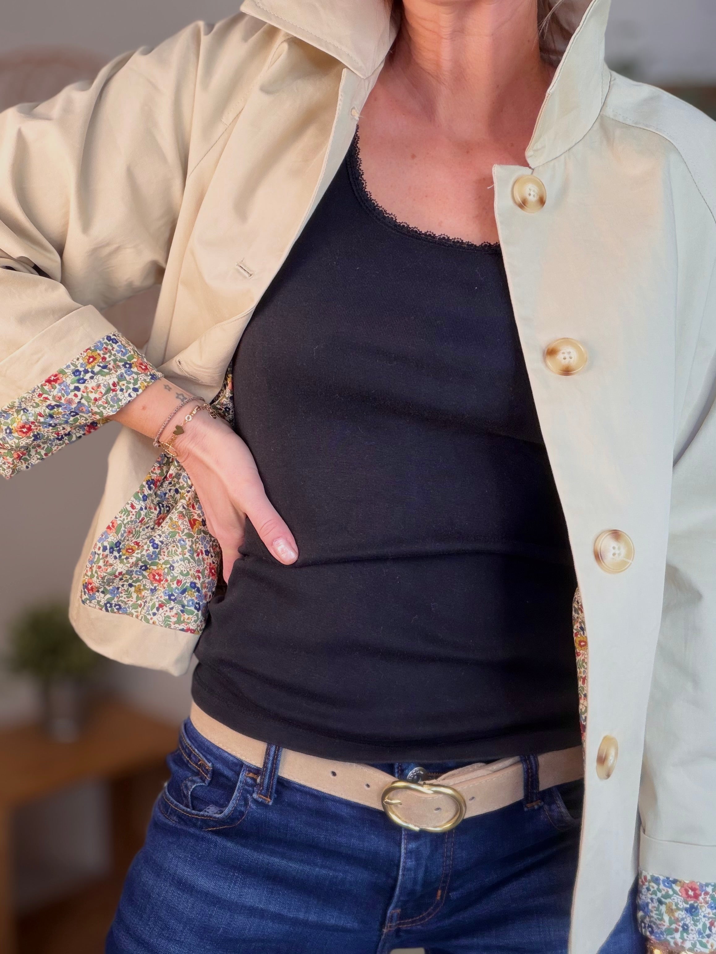 Veste Trench en coton beige avec Liberty - MARION (Taille 2 ans à la Taille L)