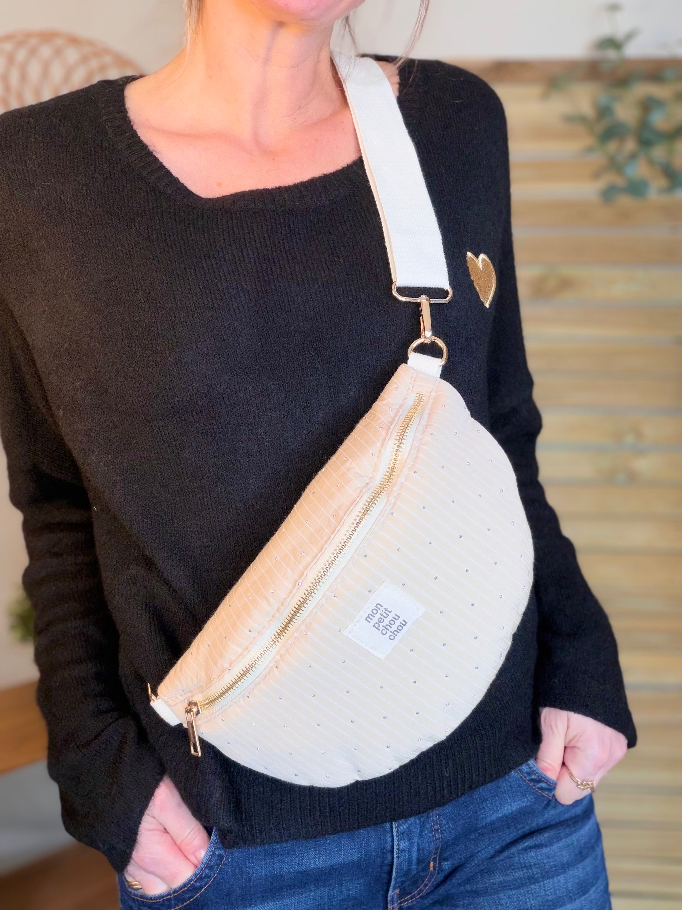 Sac banane avec strass BONNIE - Rayée beige