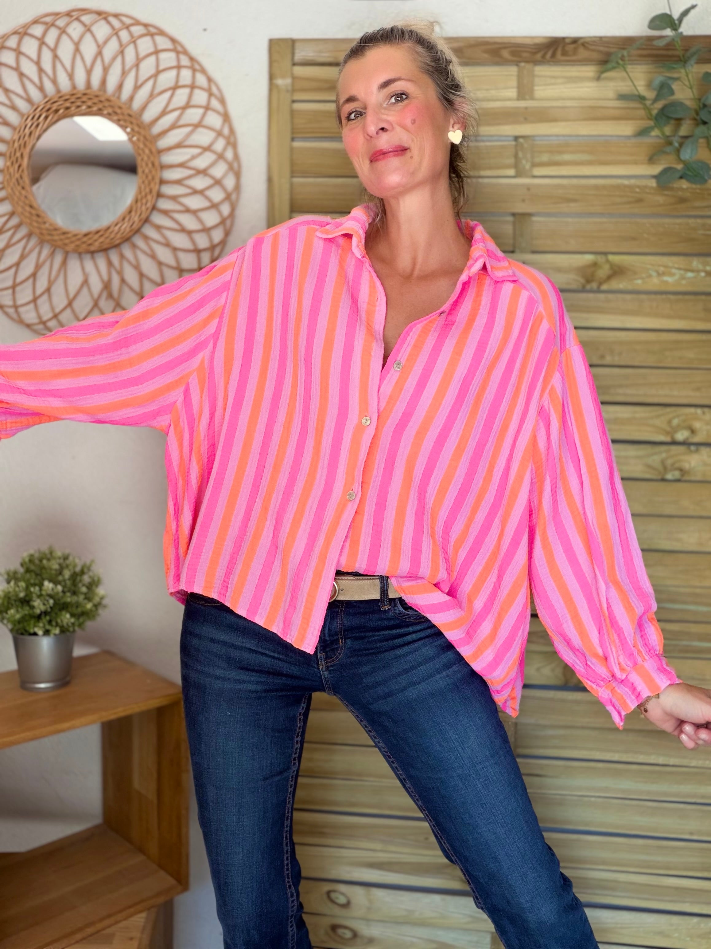 Chemise en gaze de coton rayée FÉLICIE Fluo Parme
