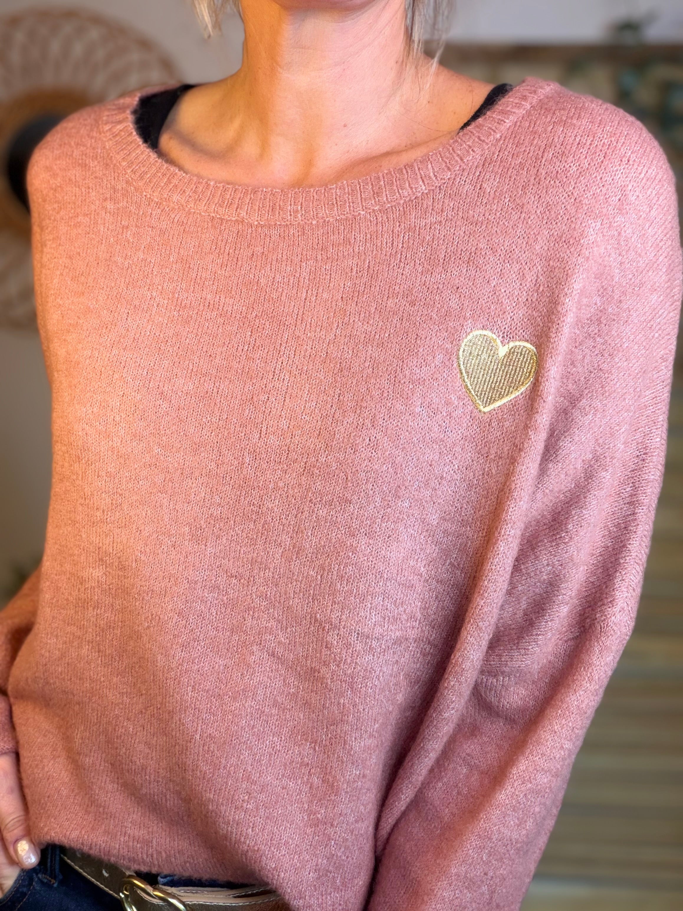 Pull léger en maille cœur doré brodé 💛 MELISSA - Vieux rose