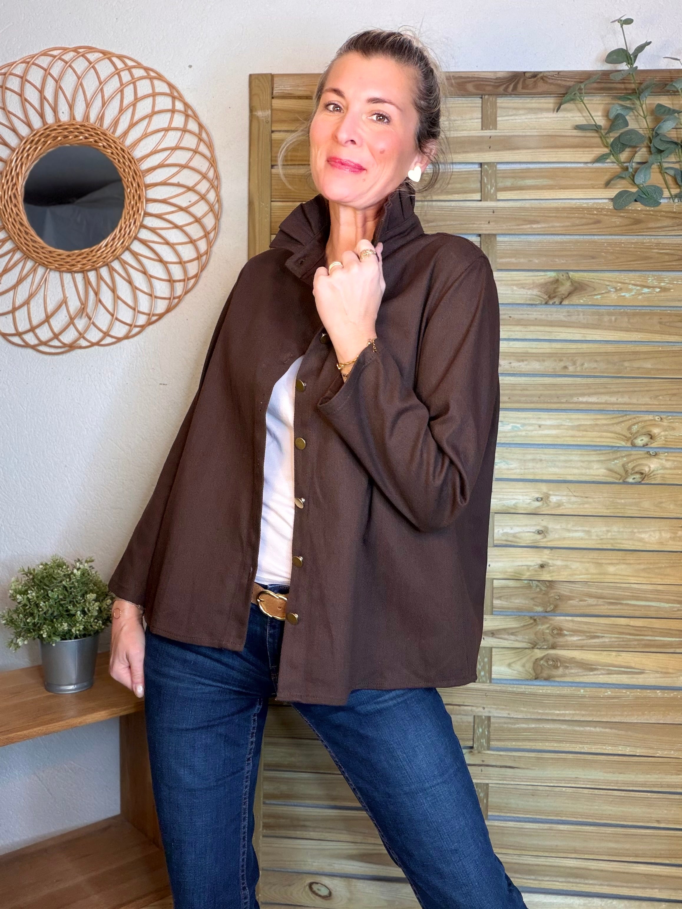 ⚡️ ARRIVAGE - Veste / Chemise en coton, col victorien volanté Beige taupe HILLARY - Choco