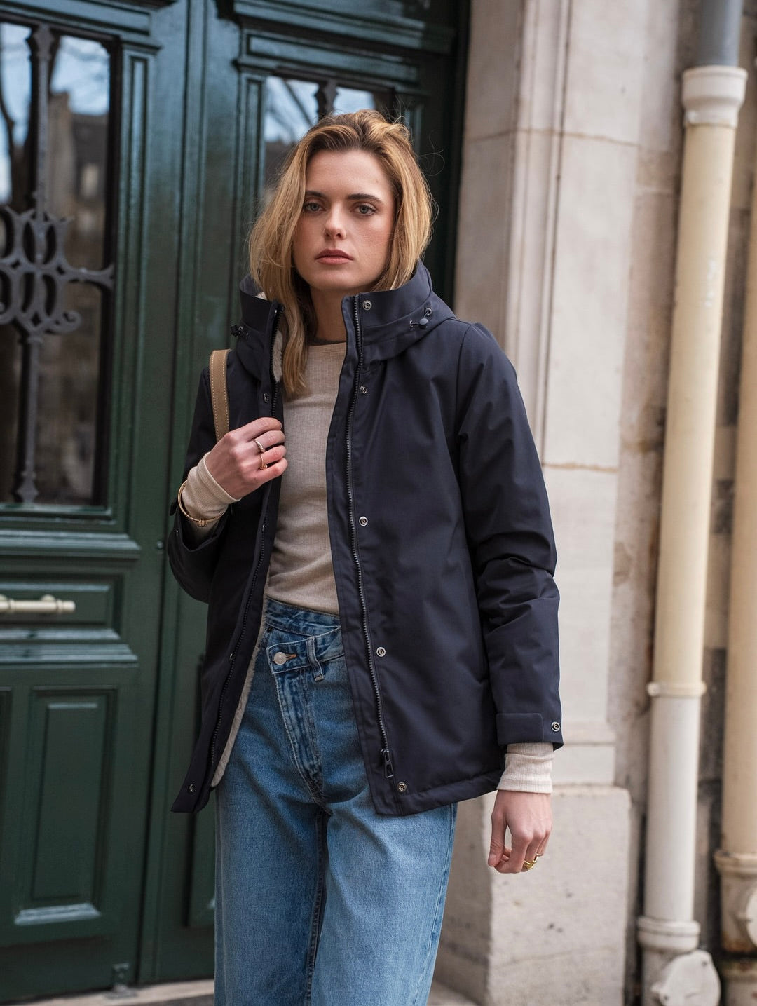 LAURA JO - Parka fourrée imperméable AMBRE MI-LONG - Bleu marine / Beige