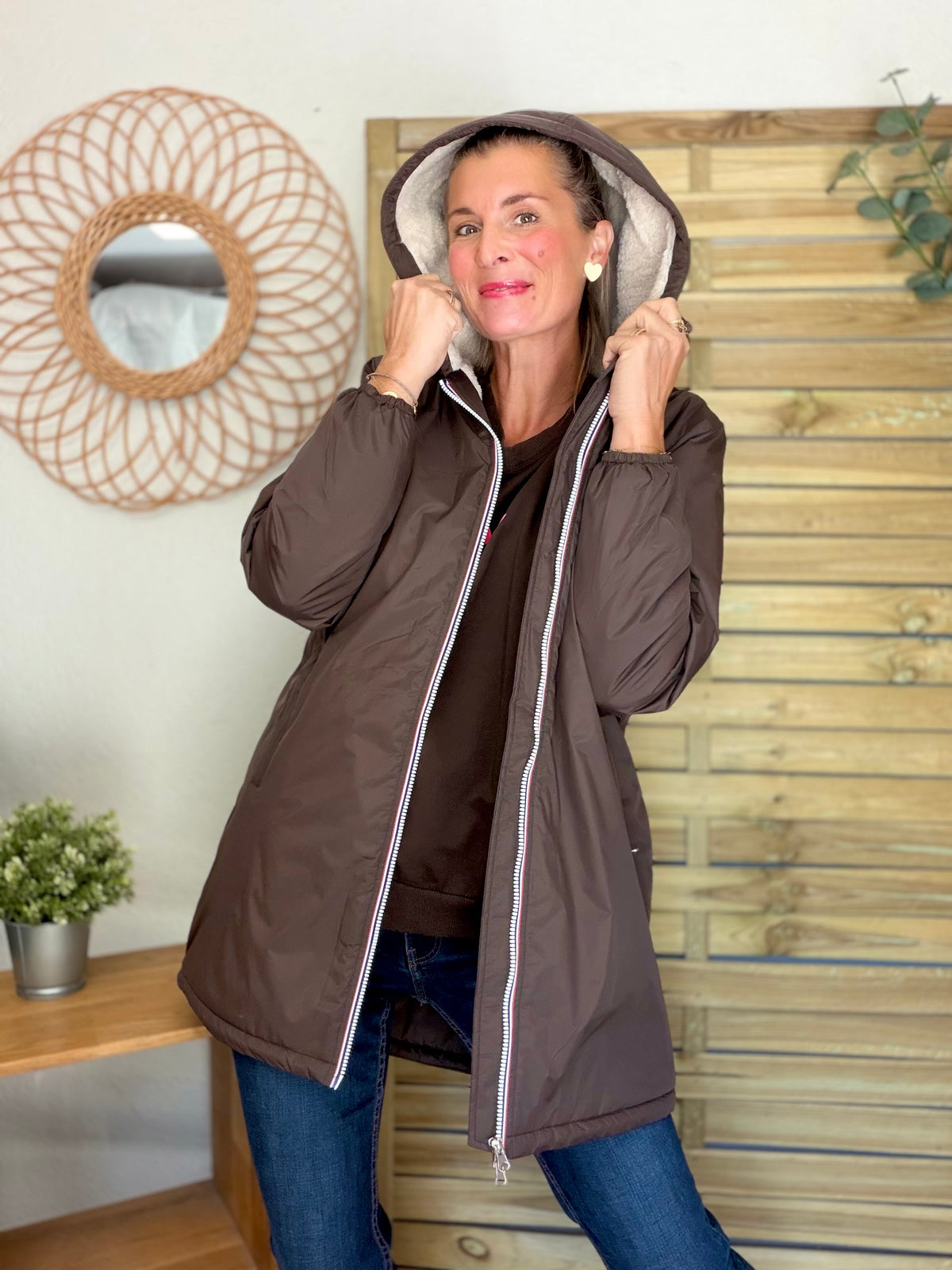 LAURA JO - Parka Imperméable LOUISE LONG Sherpa écru - Chocolat