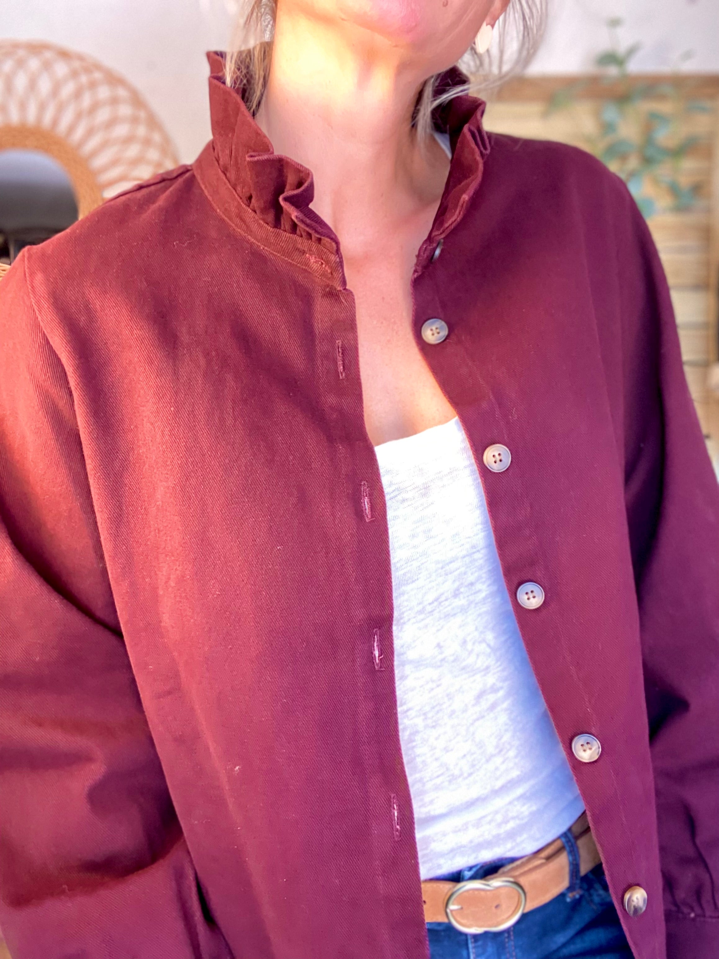 Veste / Chemise en coton, col victorien volanté LISA - Prune
