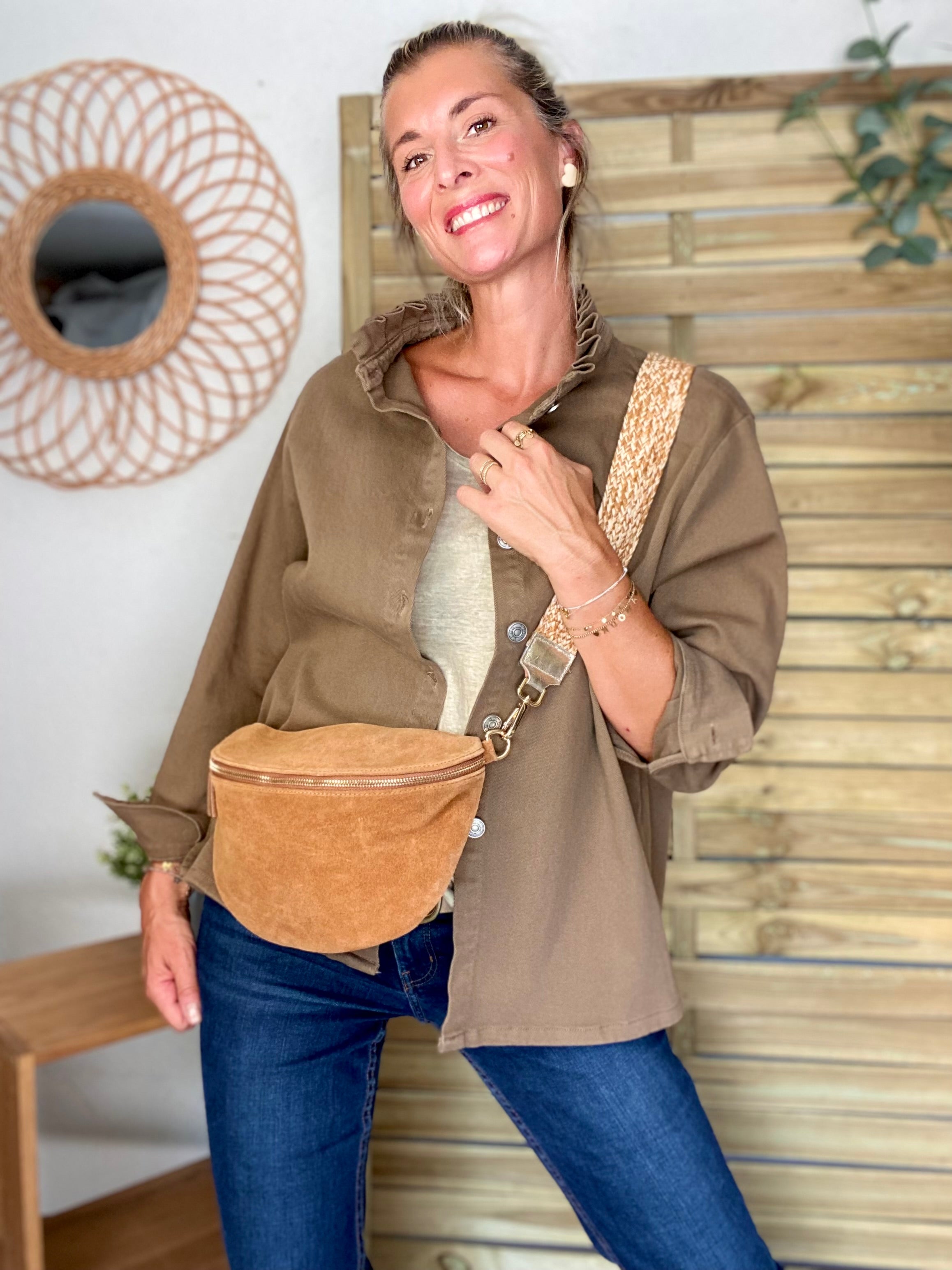 Veste / Chemise en coton, col volanté Camel foncé LISON
