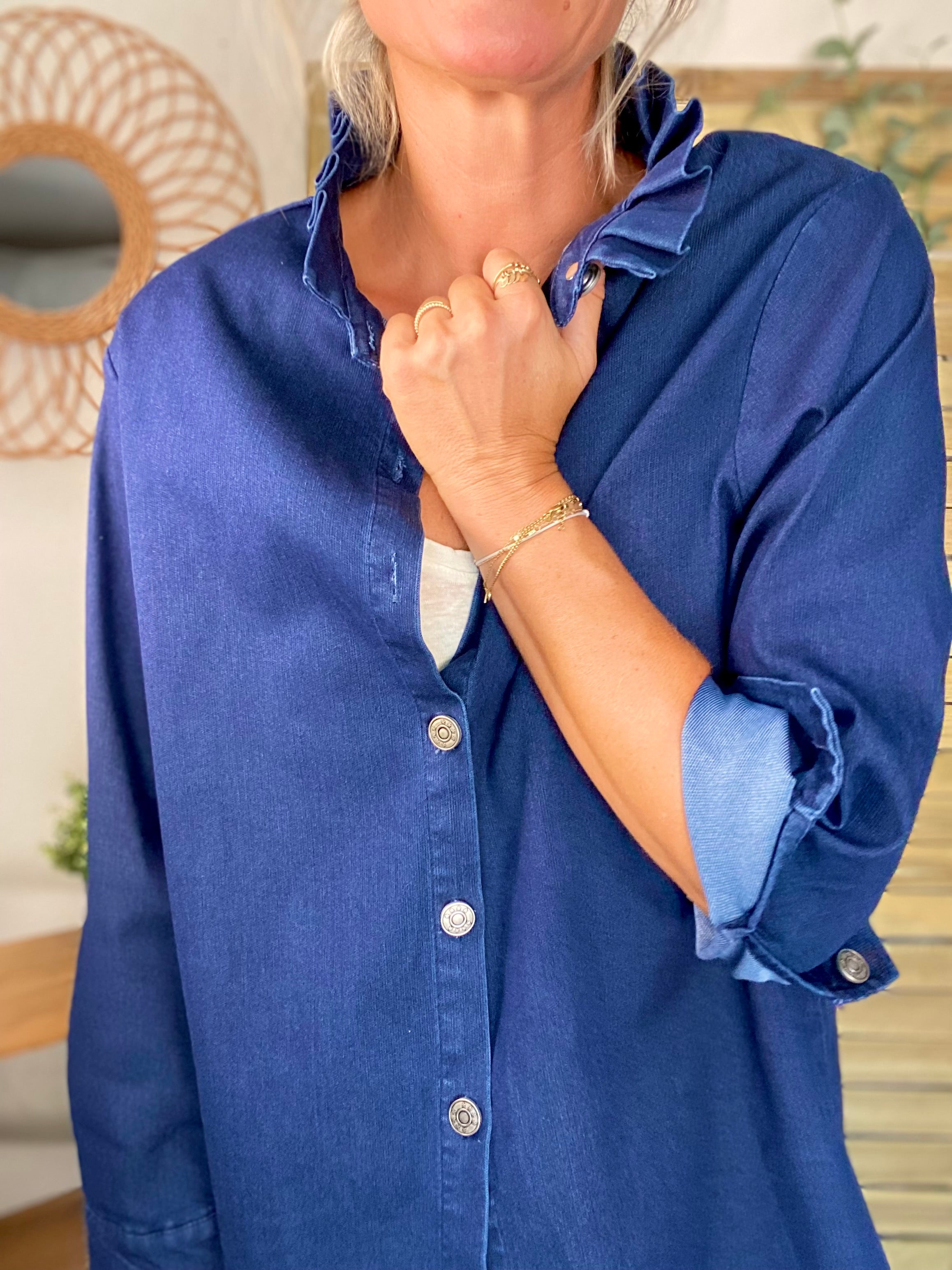 Veste / Chemise en coton, col volanté Bleu Jean LISON