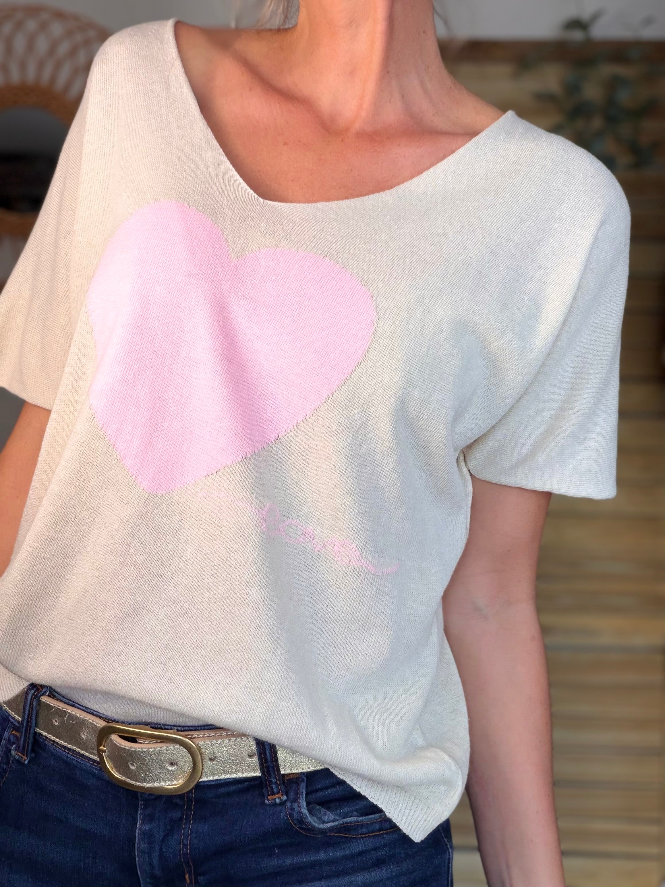 Pull fin col V gros cœur rose 🩷 PÉNÉLOPE