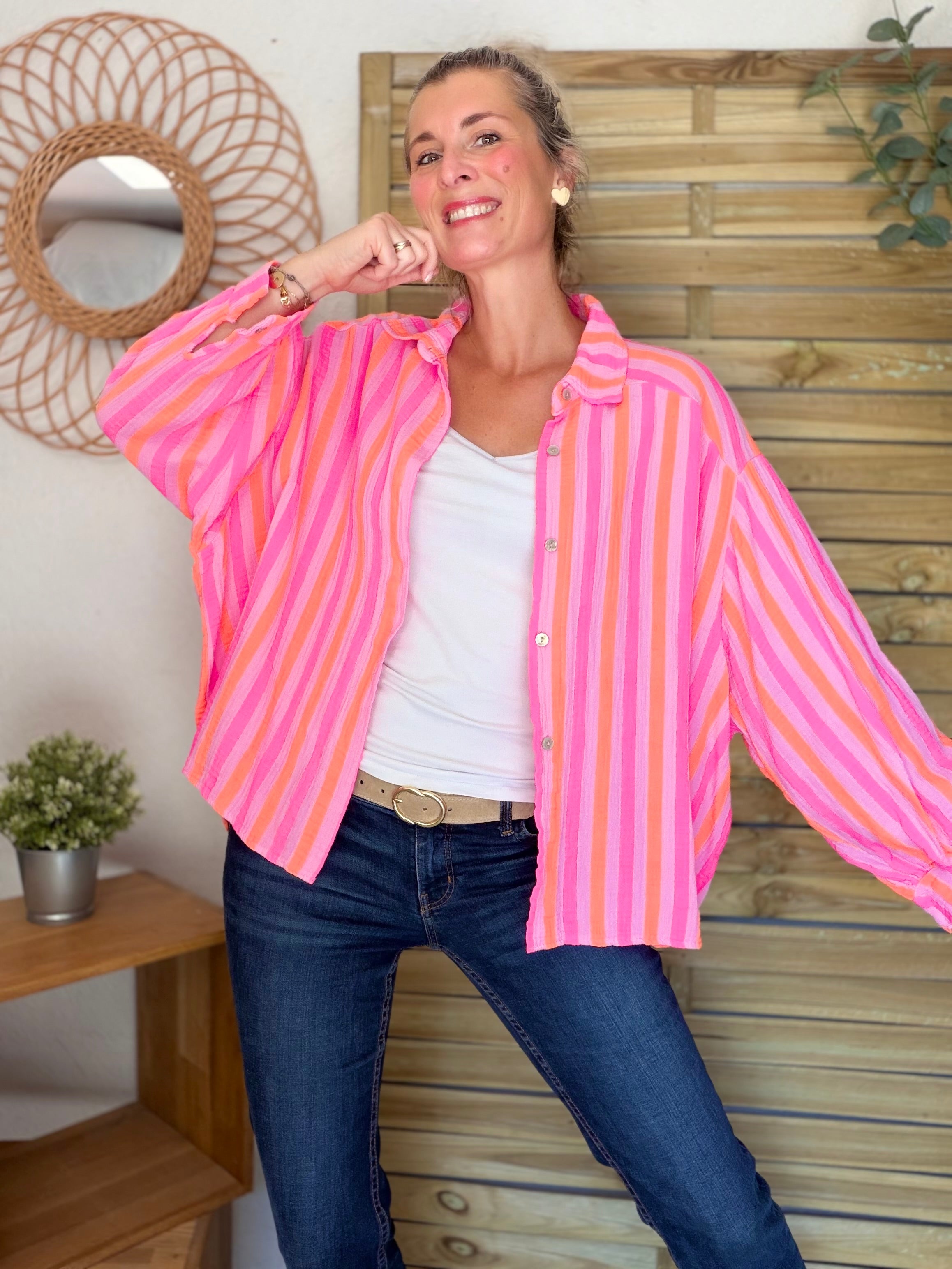 Chemise en gaze de coton rayée FÉLICIE Fluo Parme