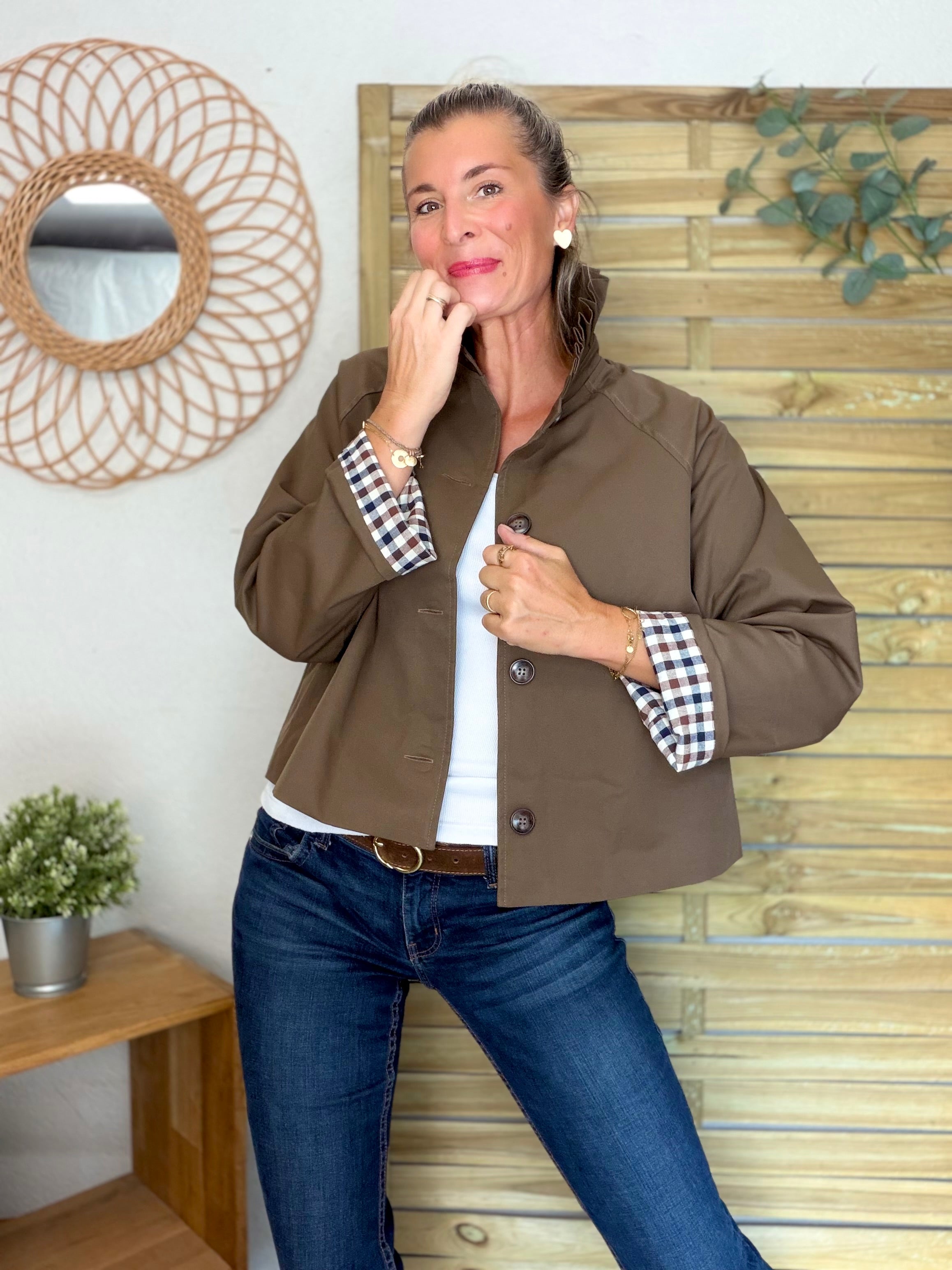 Veste Trench col victorien, revers carreaux - VICKY Café
