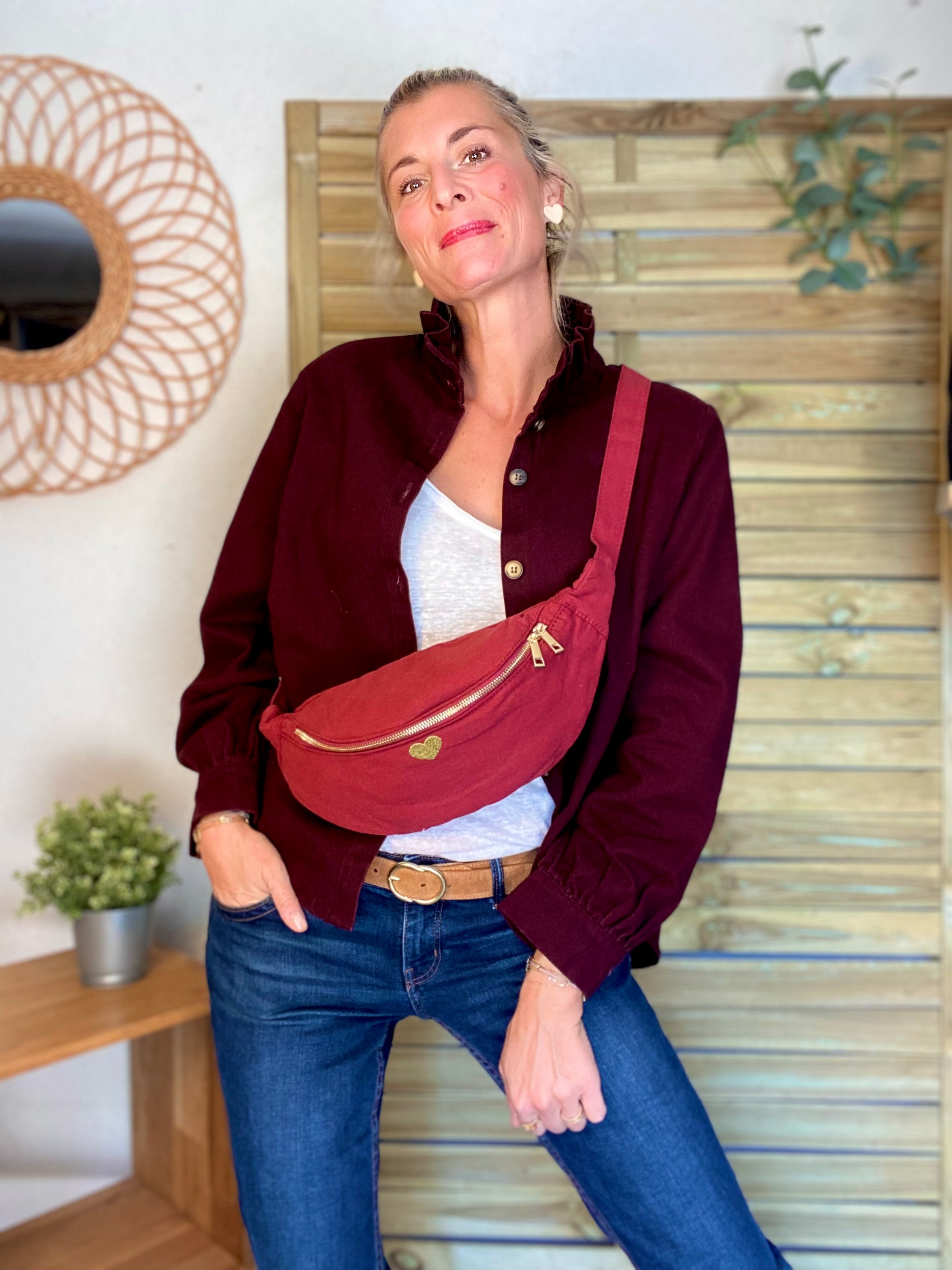 Veste / Chemise en coton, col victorien volanté LISA - Prune