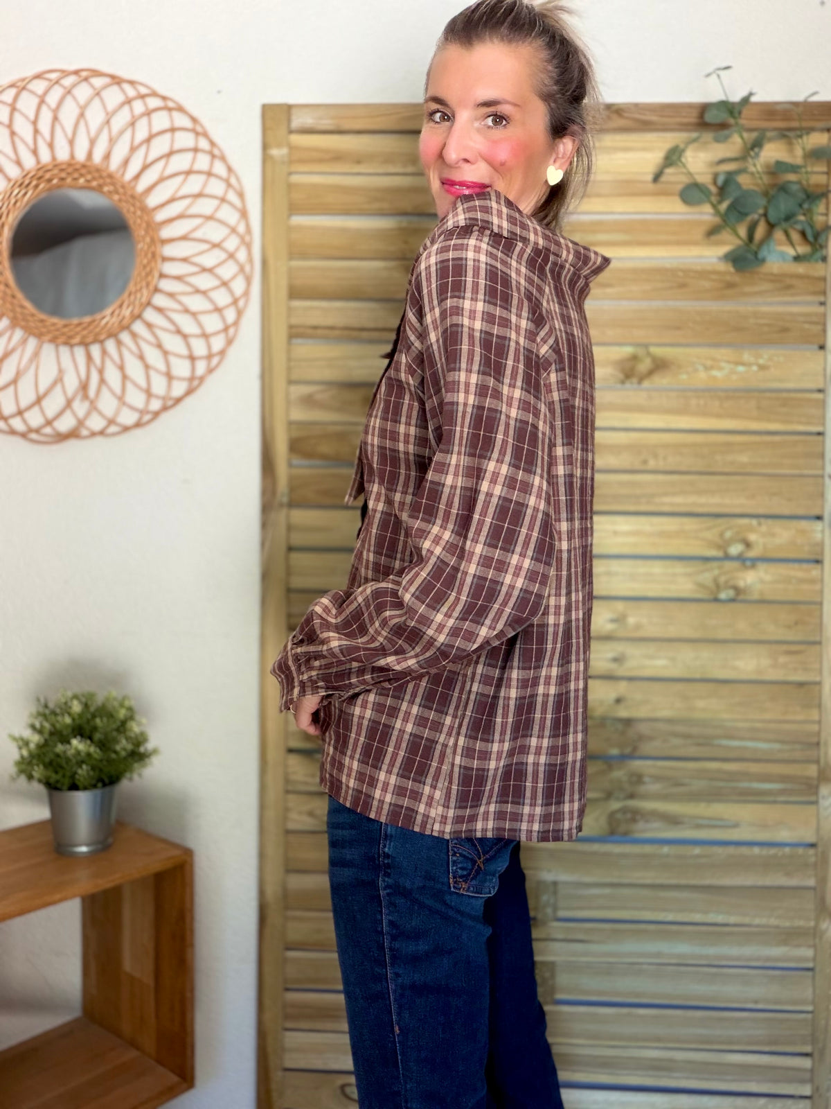 Chemise motif tartan prune col lavallière large LUCILE