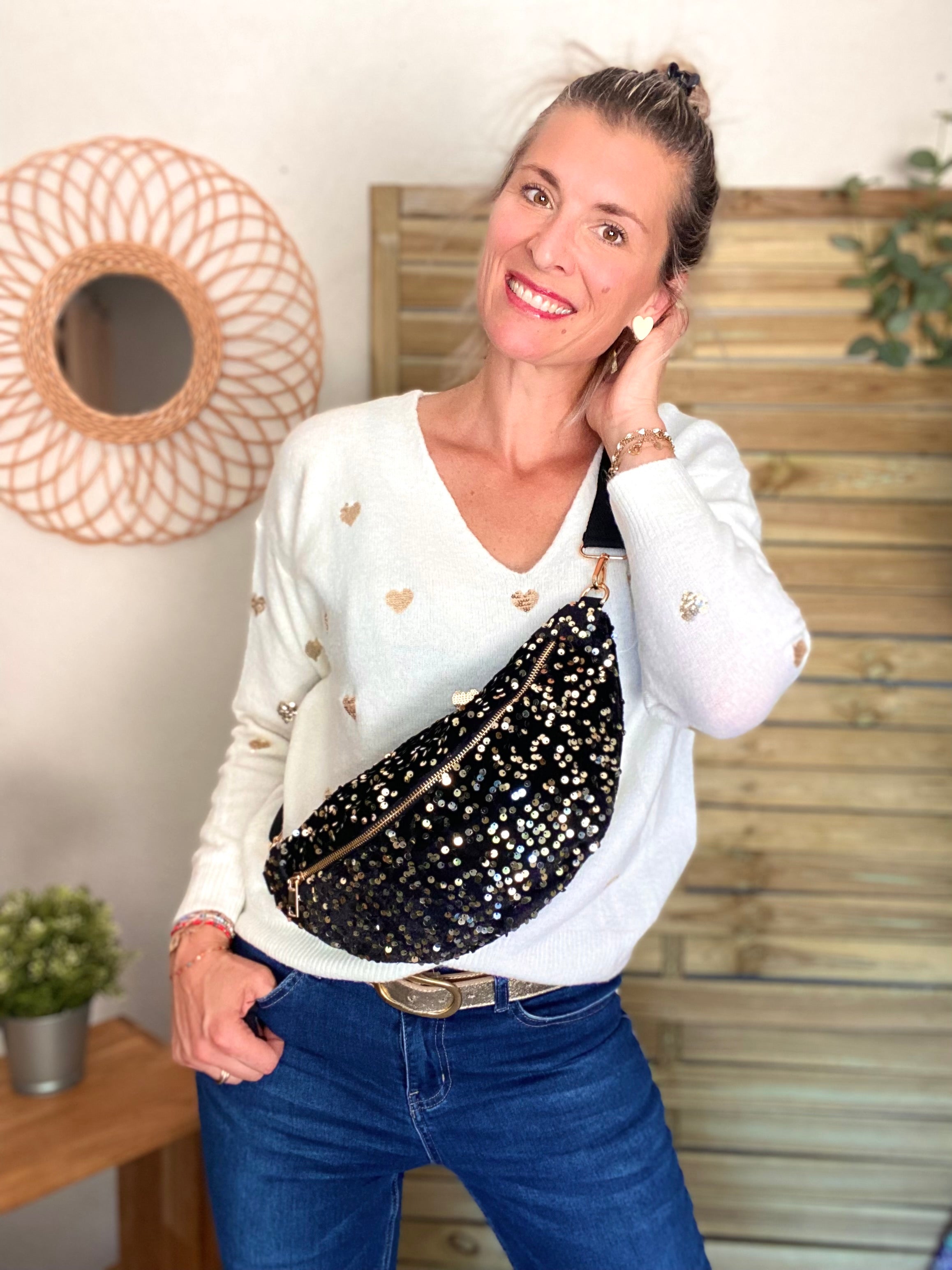 Sac banane L velours à sequins Ciao Boum - TAYLOR - Noir à sequins dorés