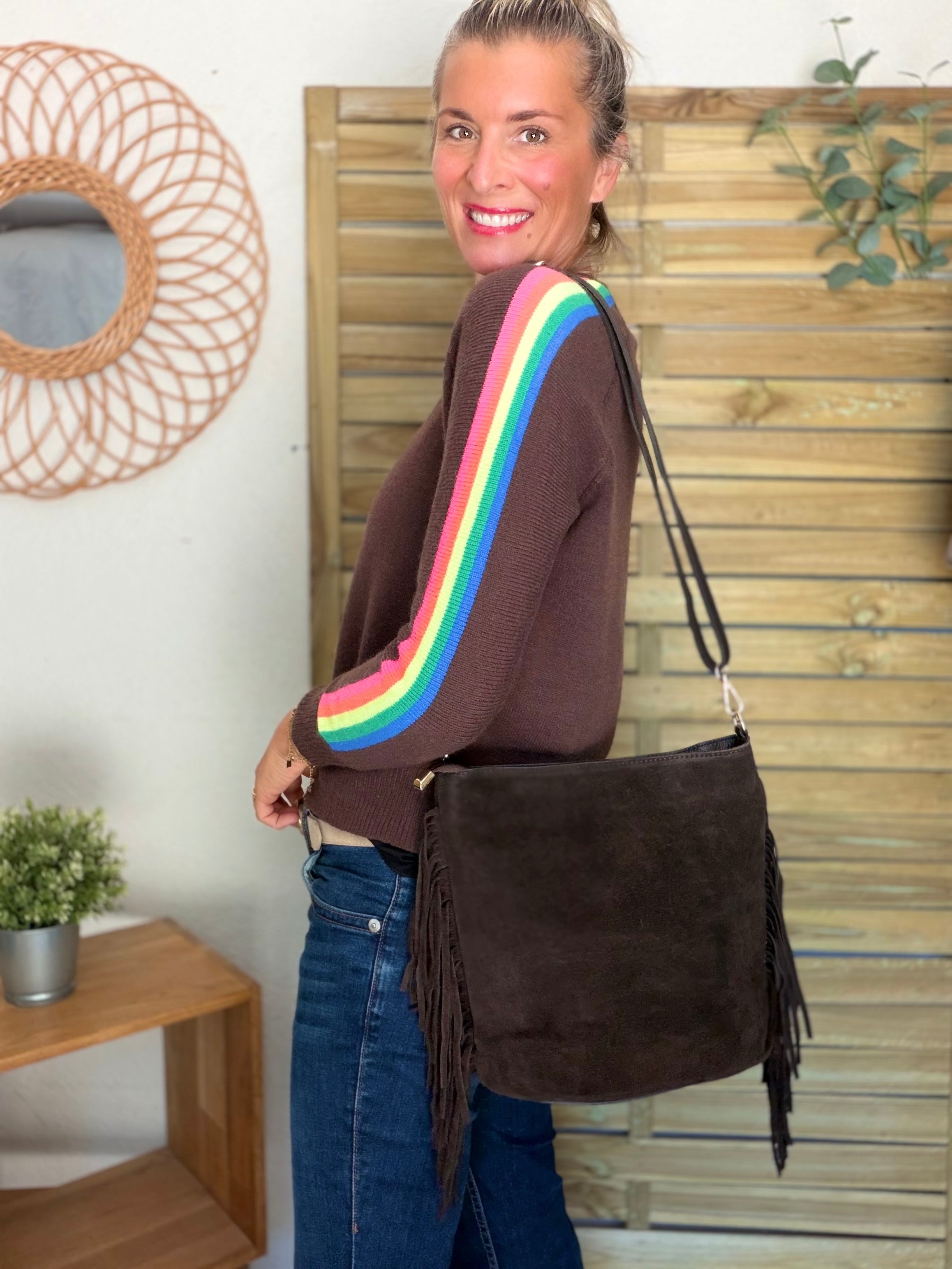 Sac seau en cuir daim avec franges KYLIE - Chocolat