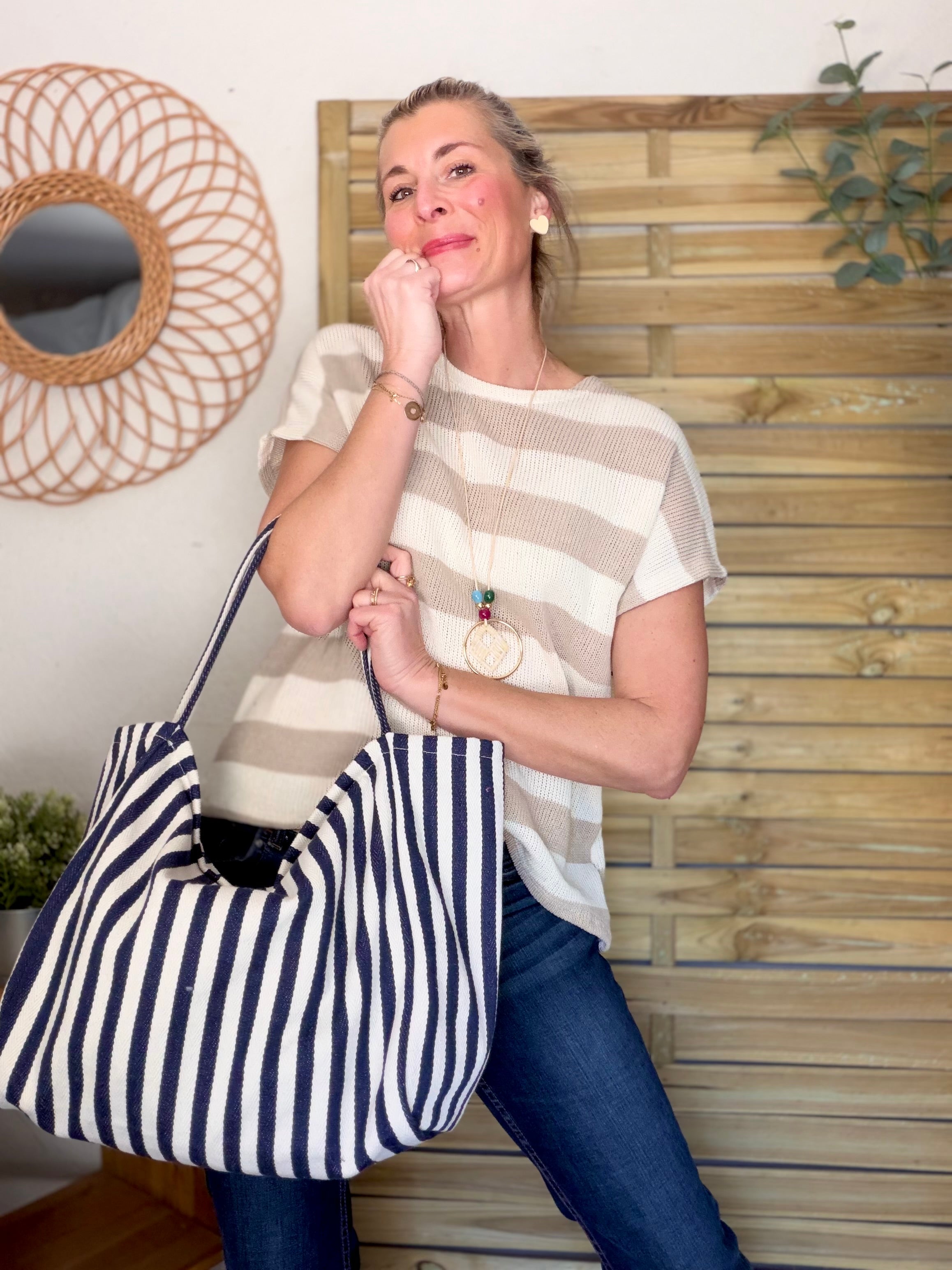 Sac cabas rayé avec fermeture zippée PAULA Bleu marine