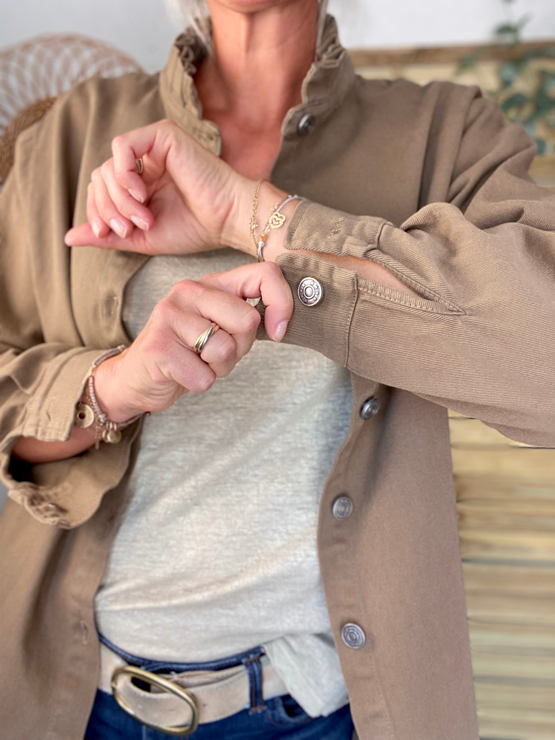 Veste / Chemise en coton, col volanté Camel foncé LISON