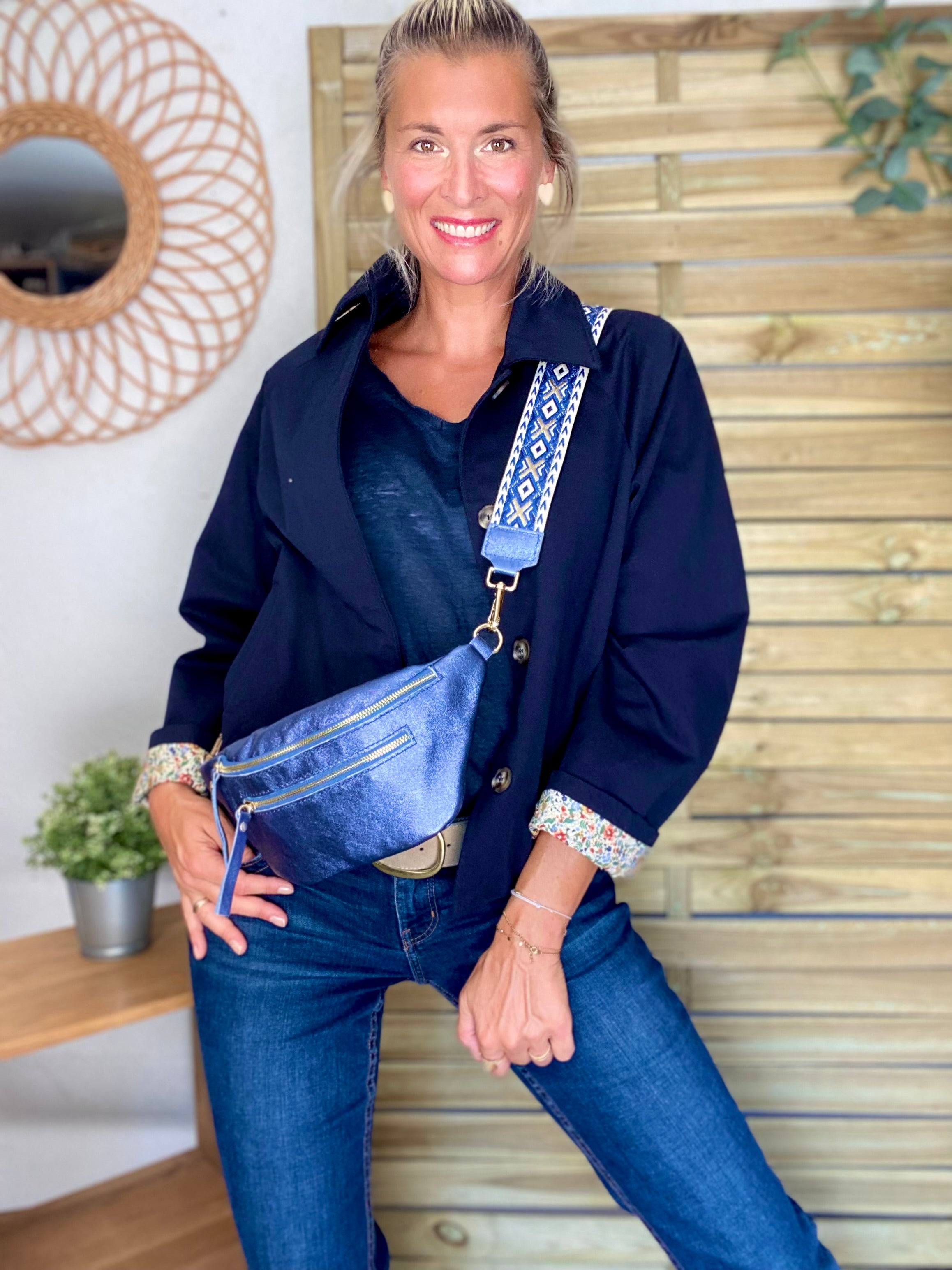 Veste Trench en coton bleu marine avec Liberty - MAHAUT