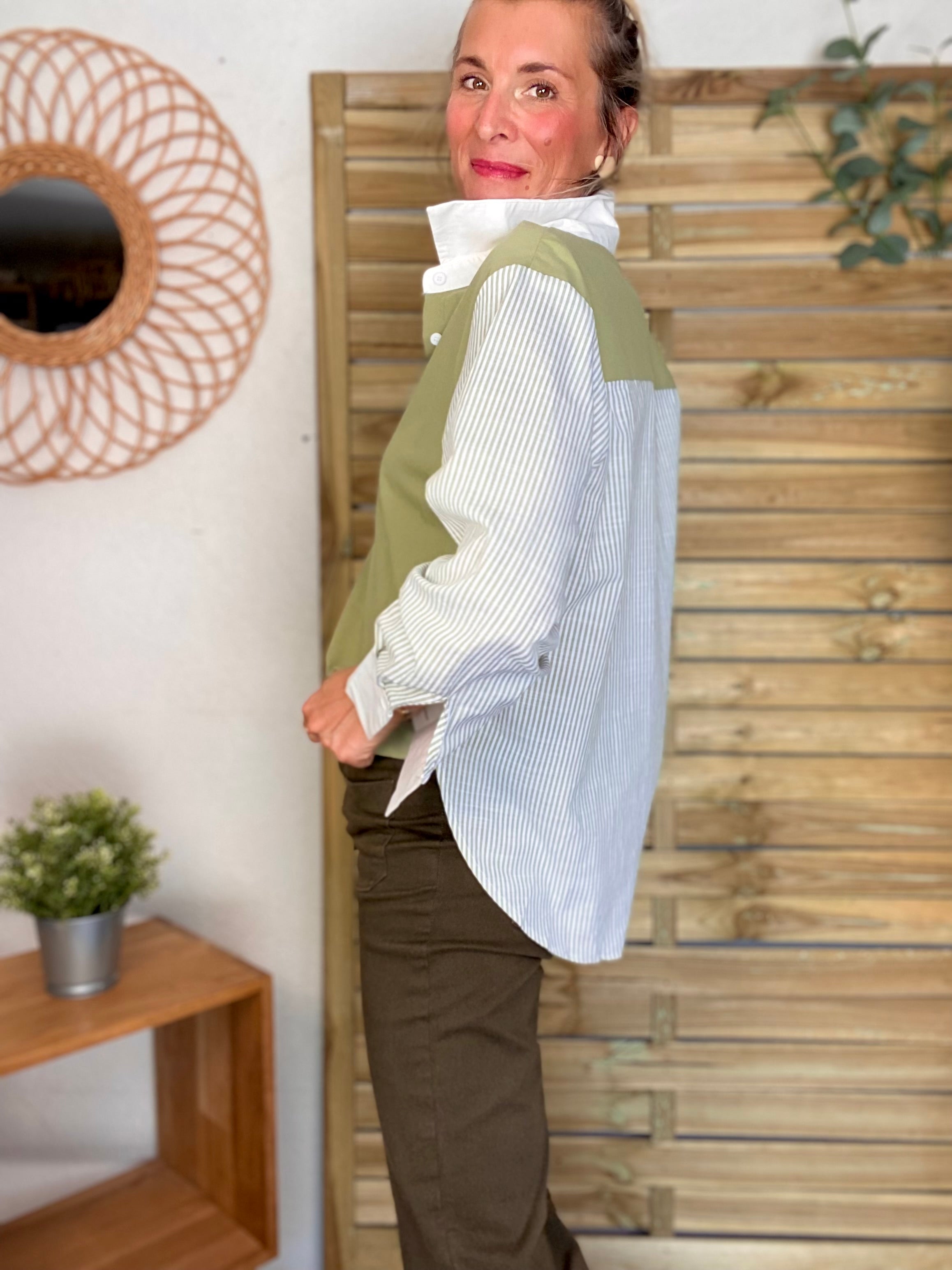 Chemise en coton rayée et uni JULIETTE - Kaki