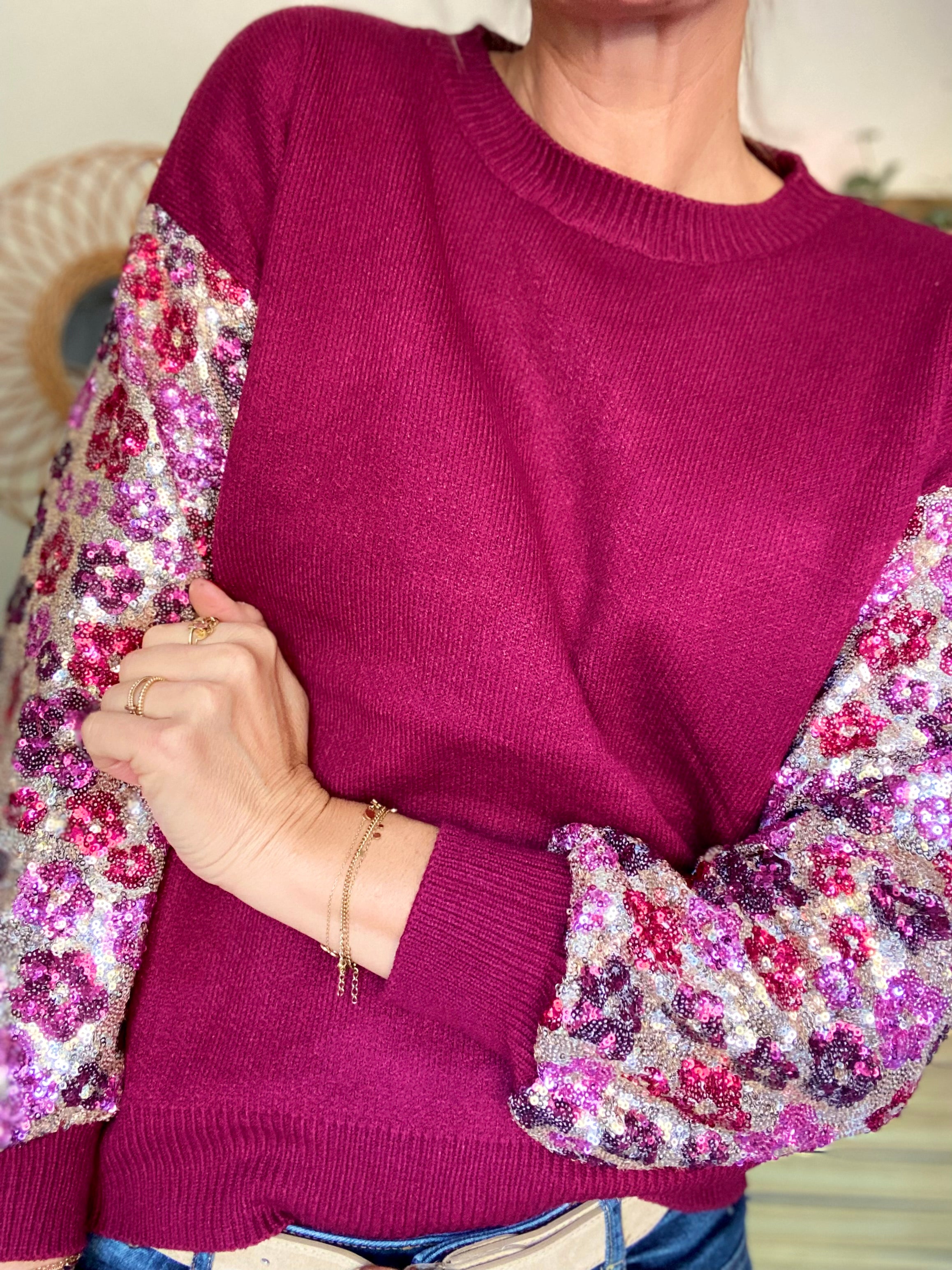 Pull ANDRÉA avec manches à sequins motif fleurs - Bordeaux