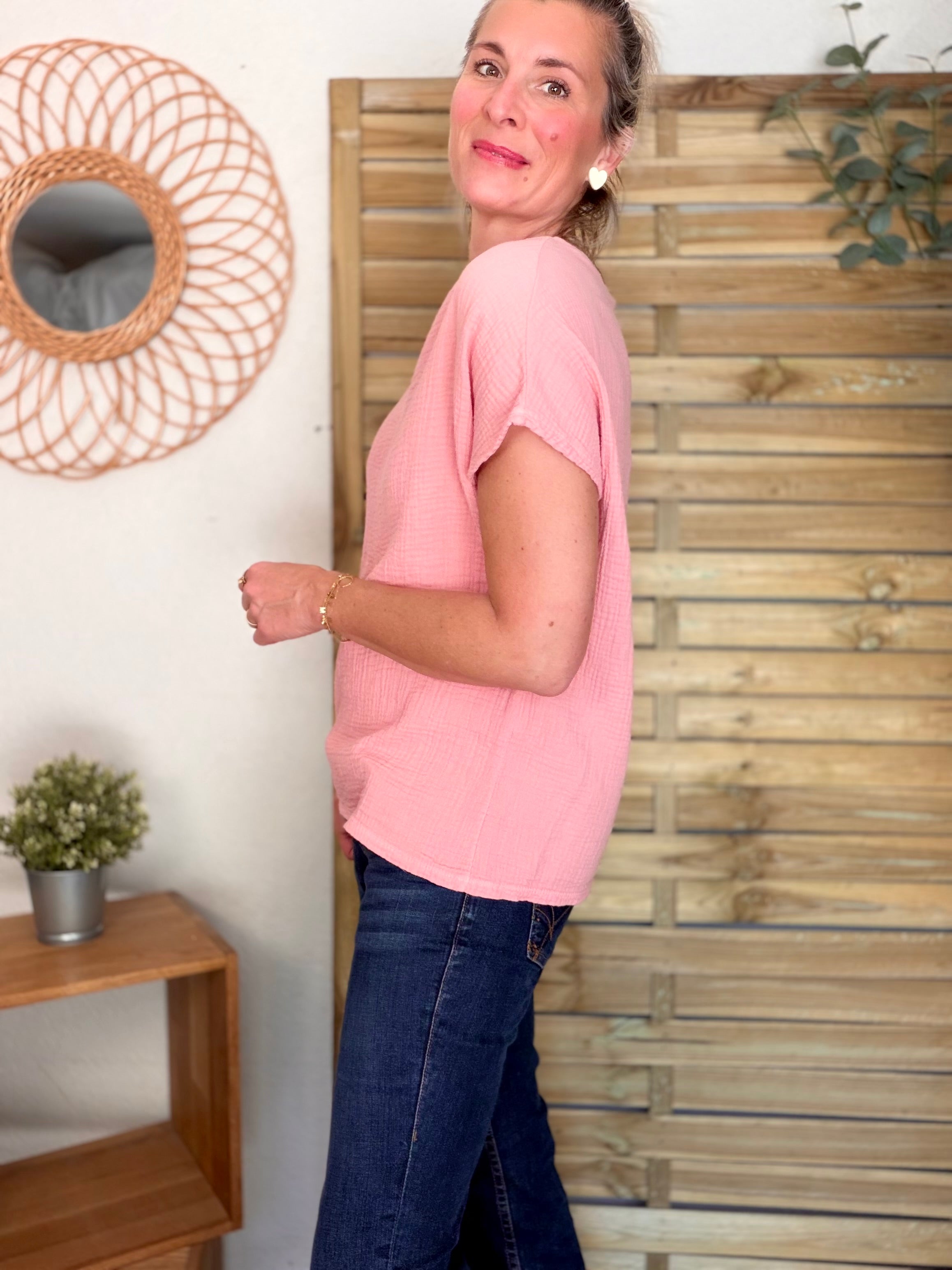 Top en gaze de coton et lurex MARTA - Rose blush