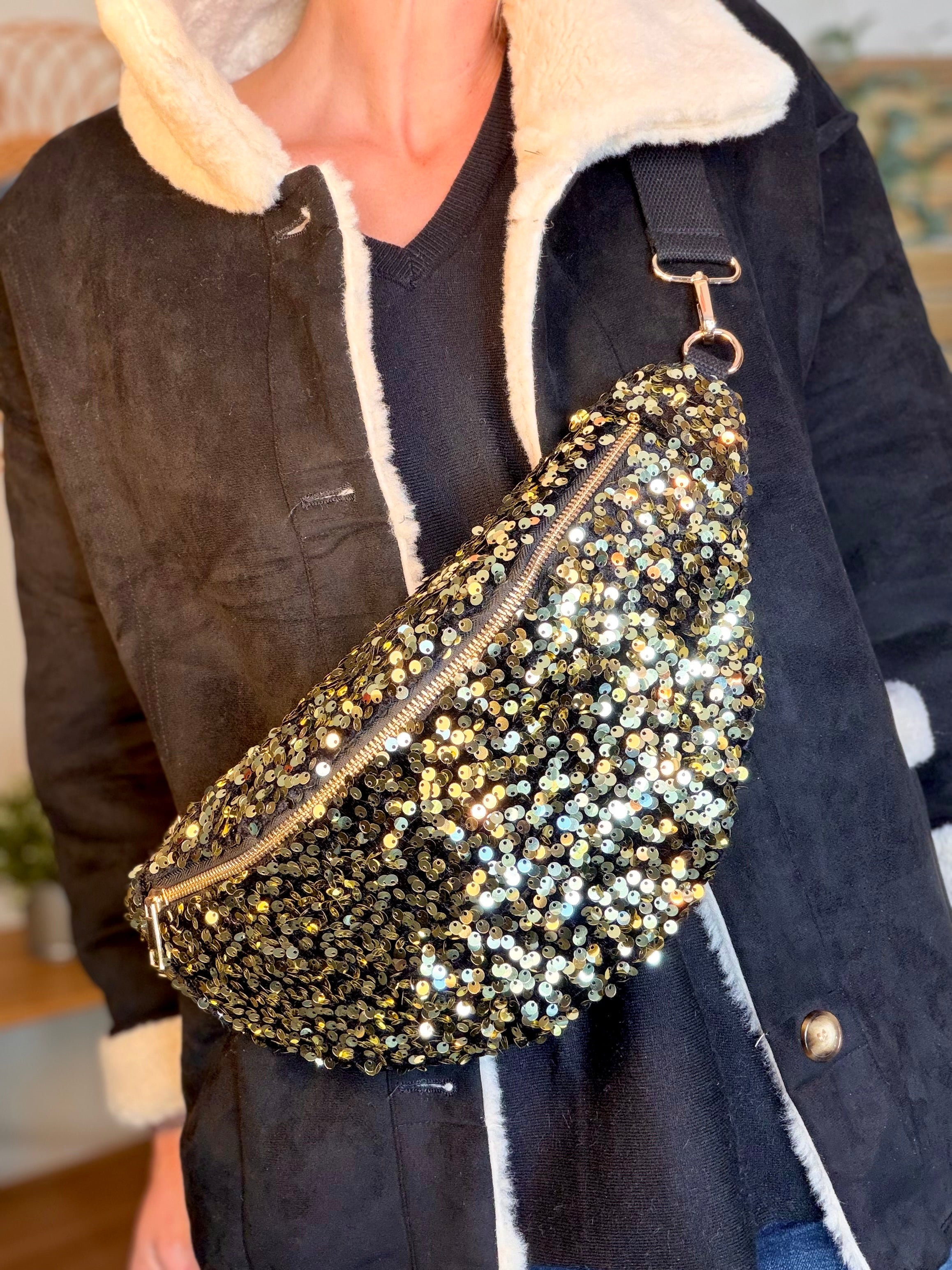 Sac banane L velours à sequins Ciao Boum - TAYLOR - Noir à sequins dorés