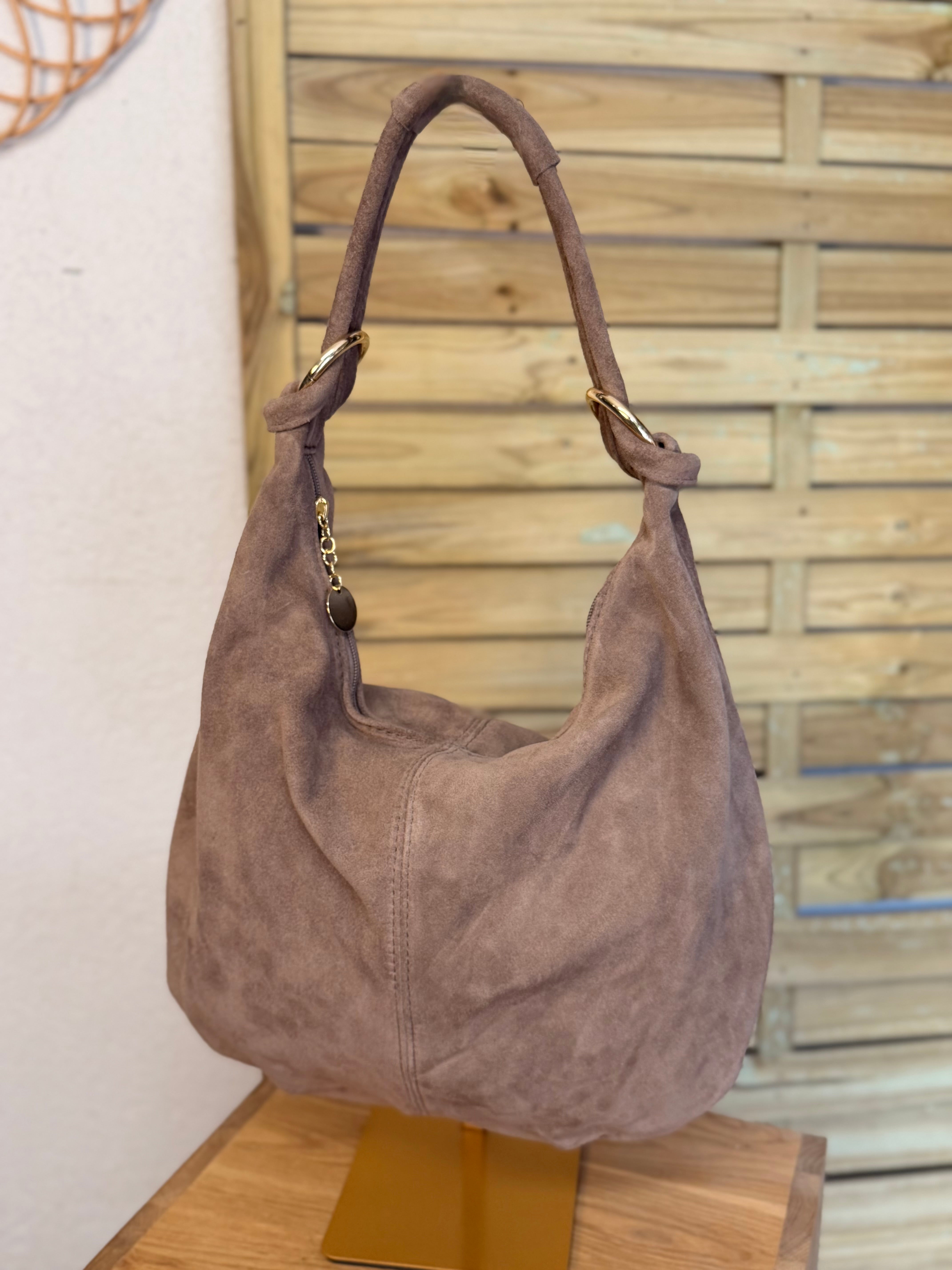 Sac besace hobo en cuir daim souple avec anneaux WILLIAM - Taupe