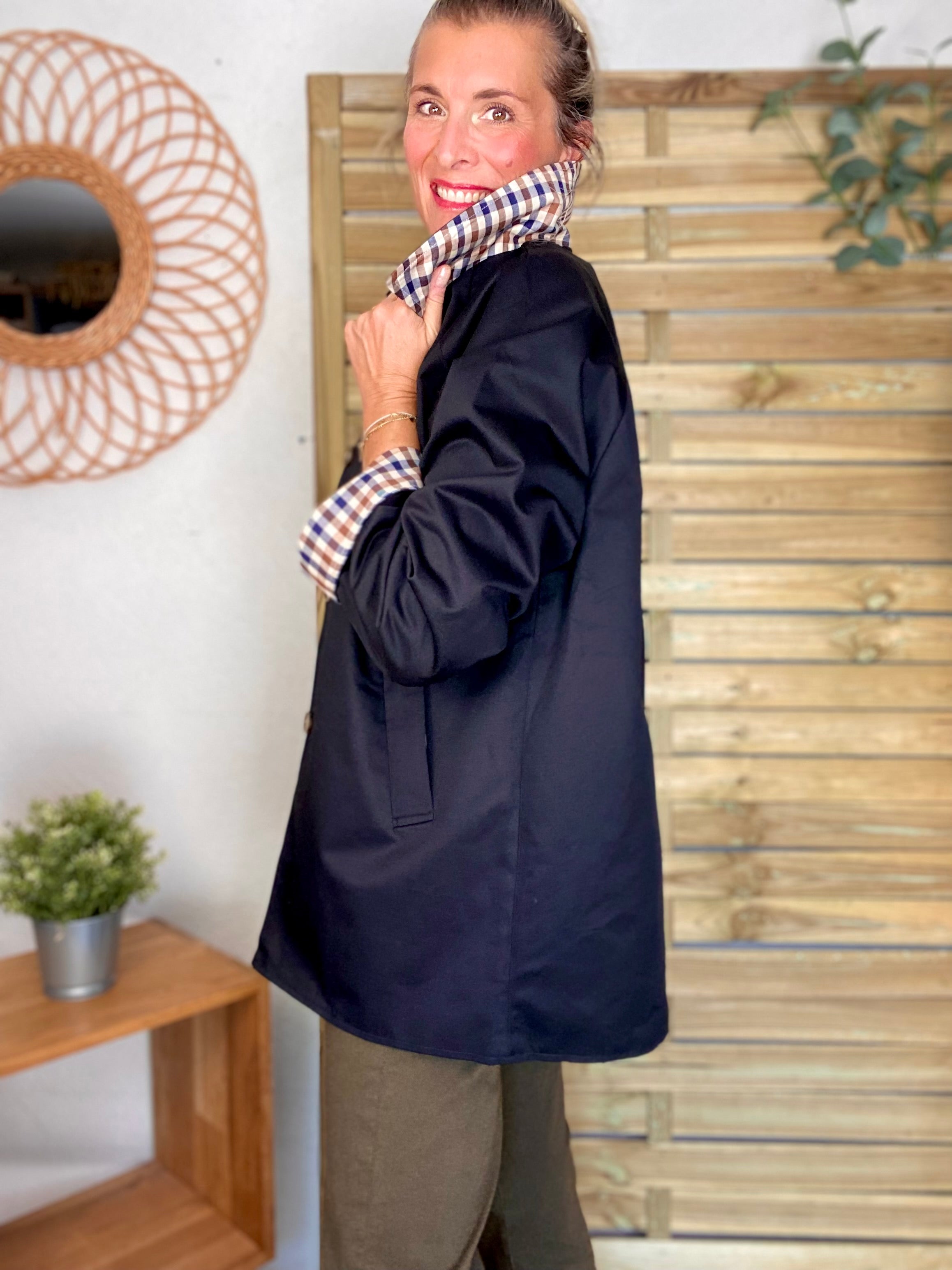 Veste Trench mi long réversible vichy LENA - Noir