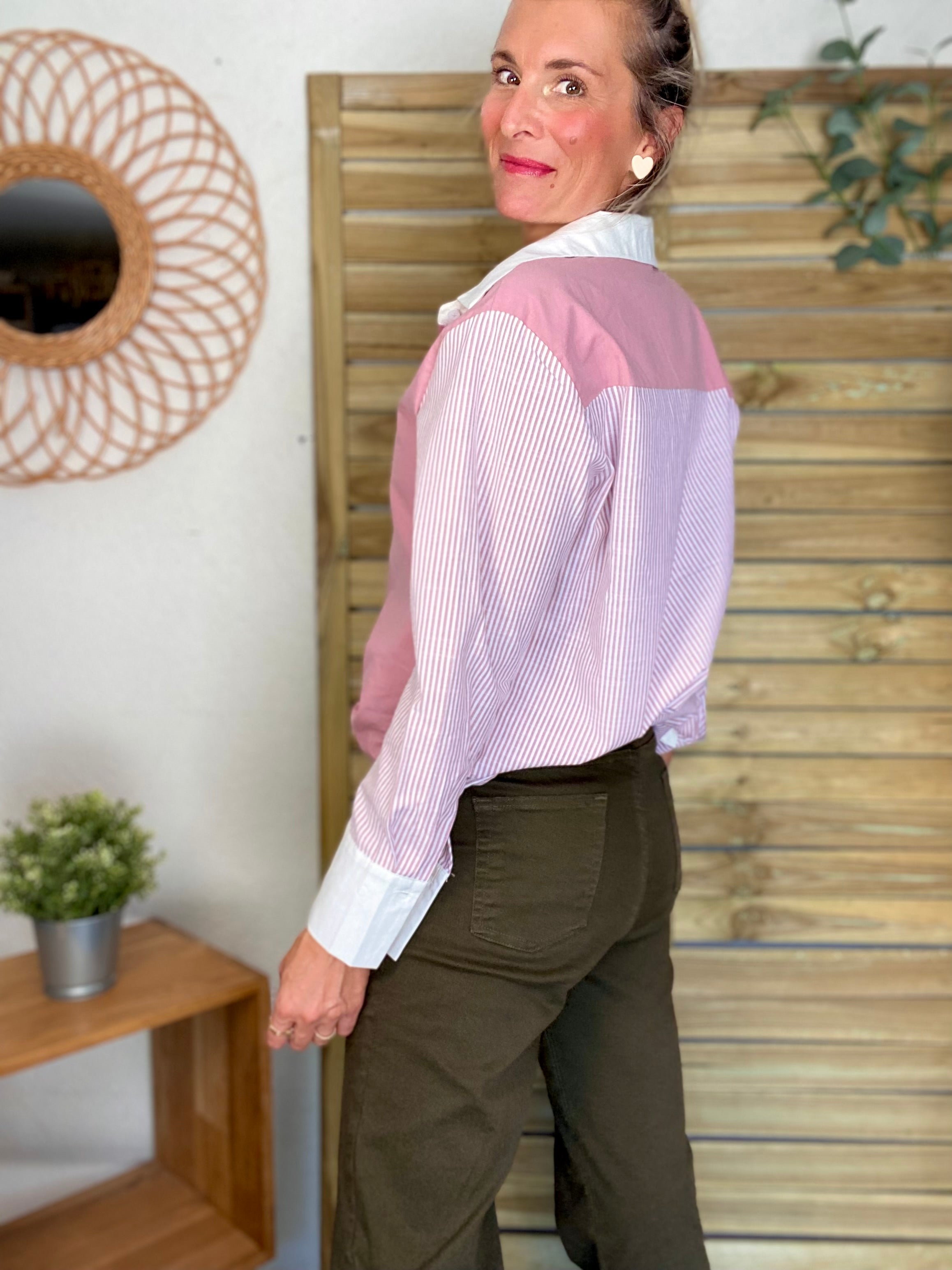 Chemise en coton rayée et uni JULIETTE - Rose