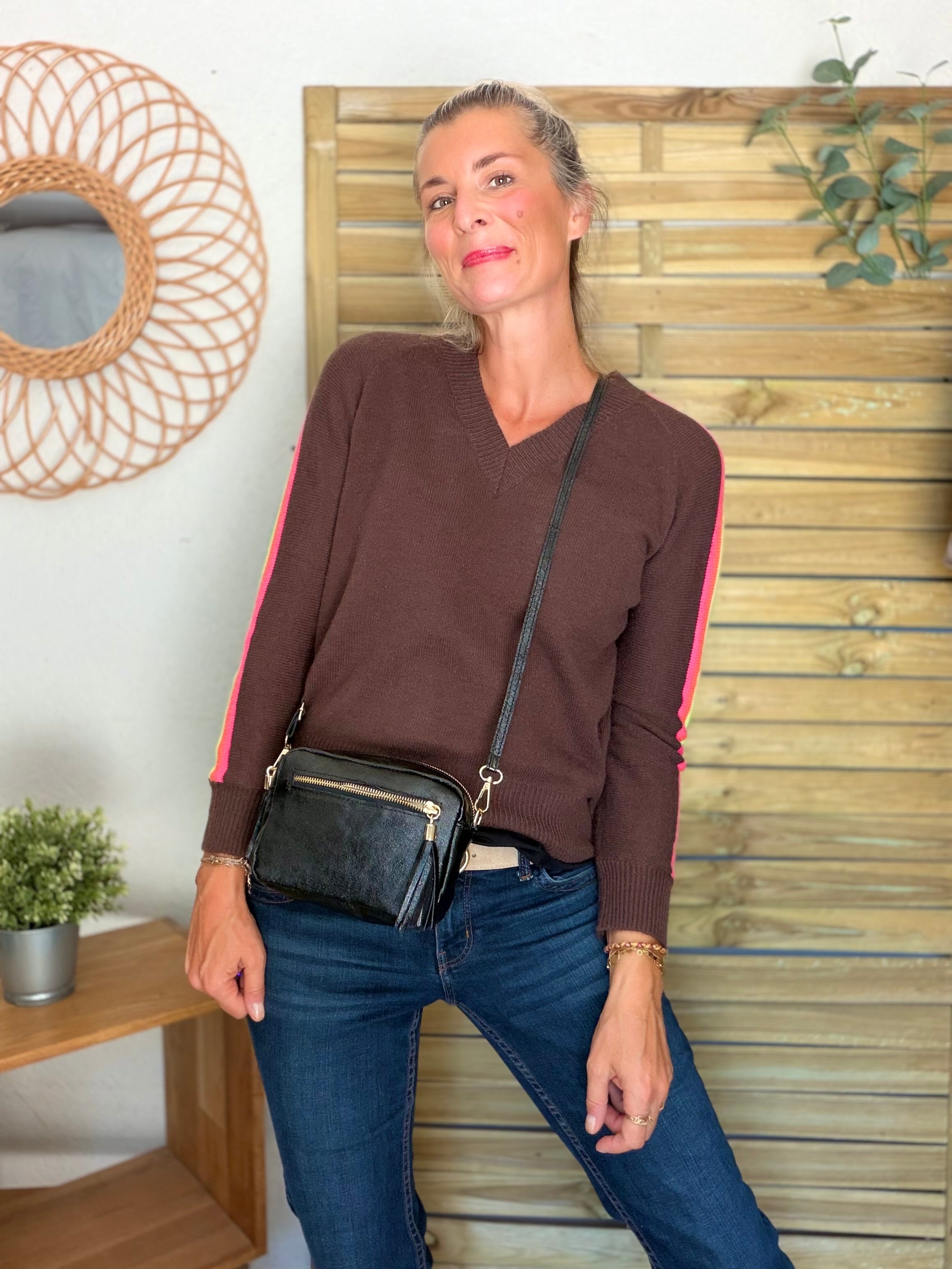 Sac bandoulière en cuir irisé - CHERRY - Noir