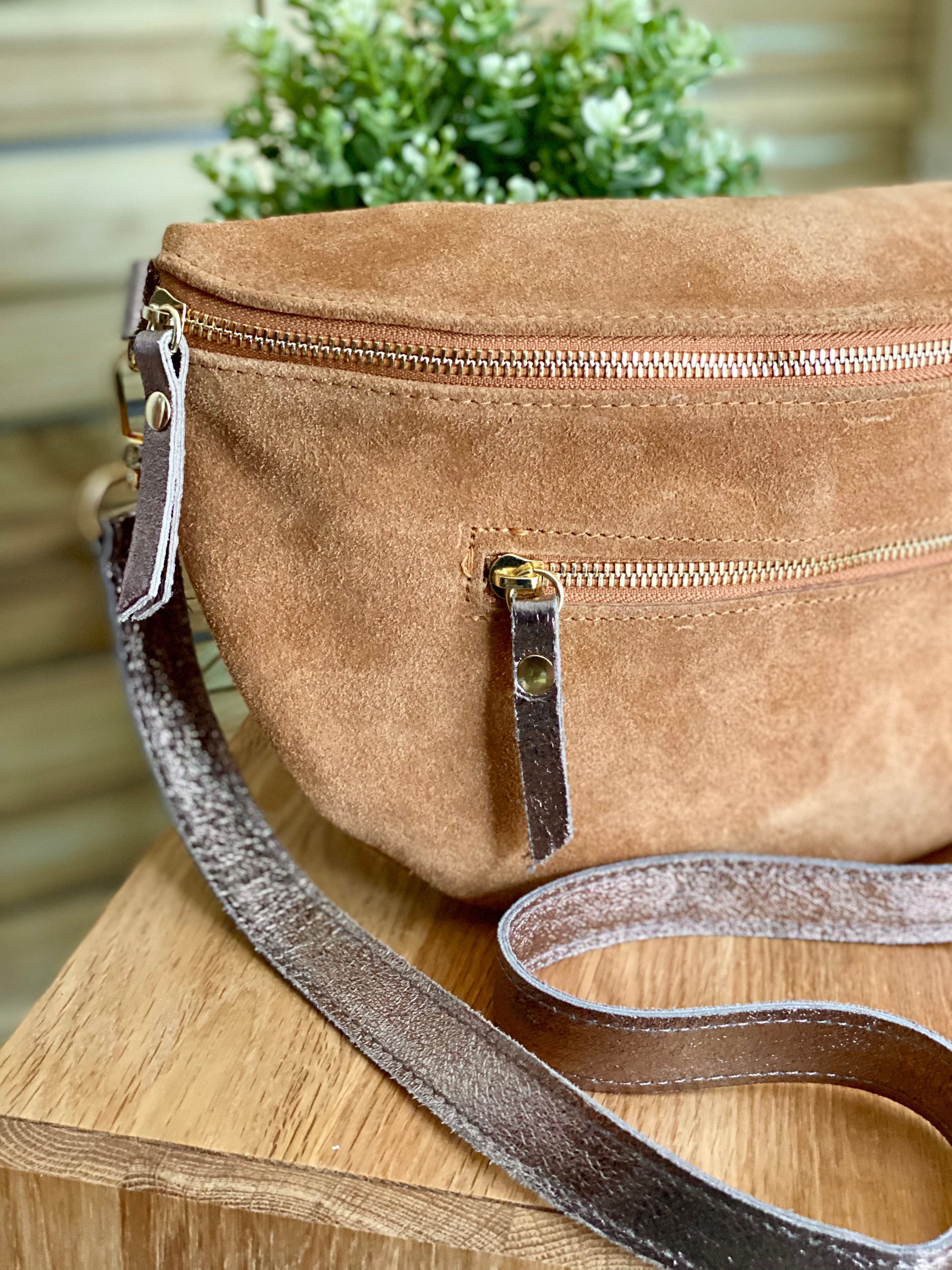 Sac banane XL 2 zips en cuir velours et irisé 30cm TERRY - Camel (4 coloris)