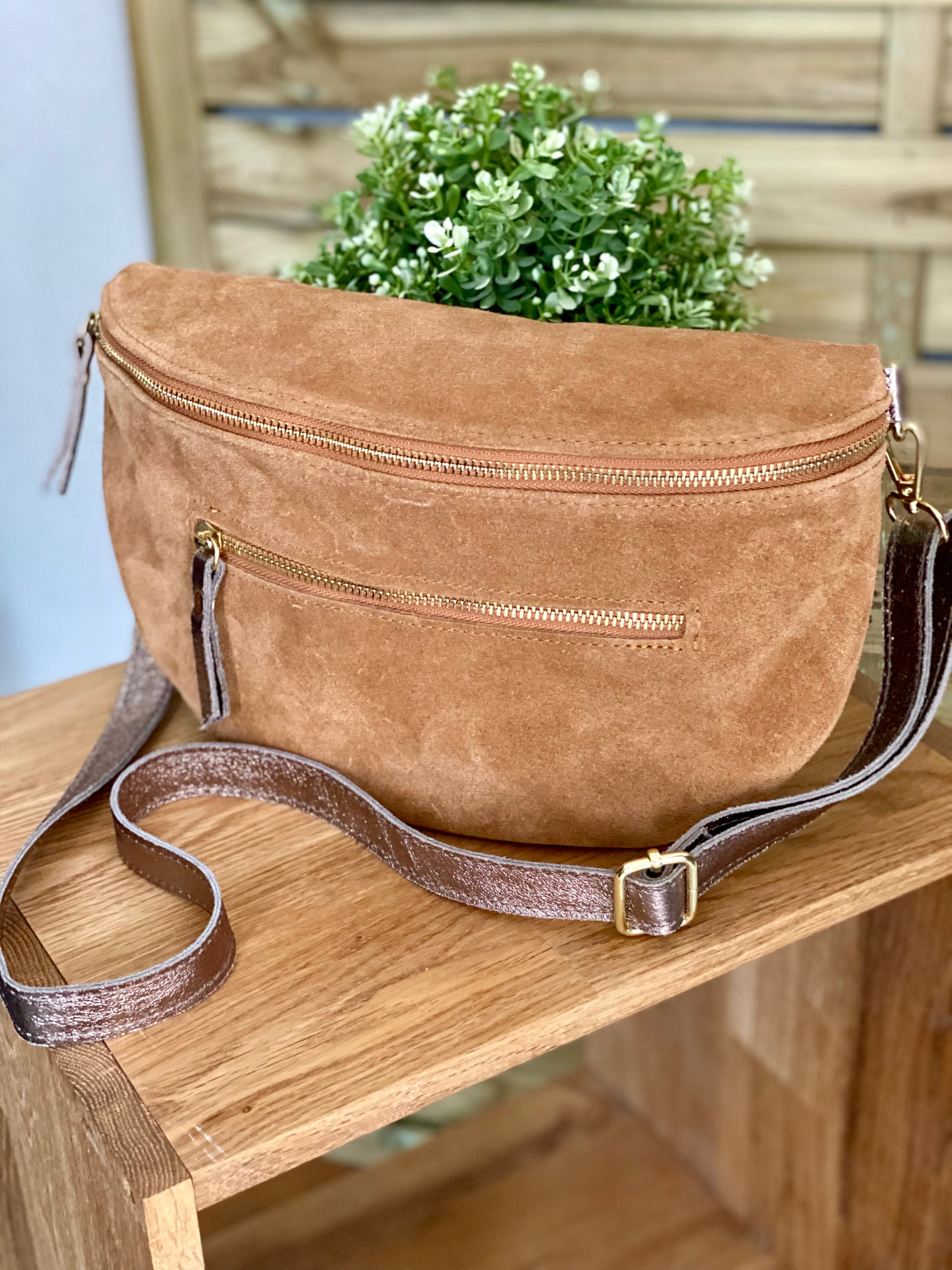 Sac banane XL 2 zips en cuir velours et irisé 30cm TERRY - Camel (4 coloris)