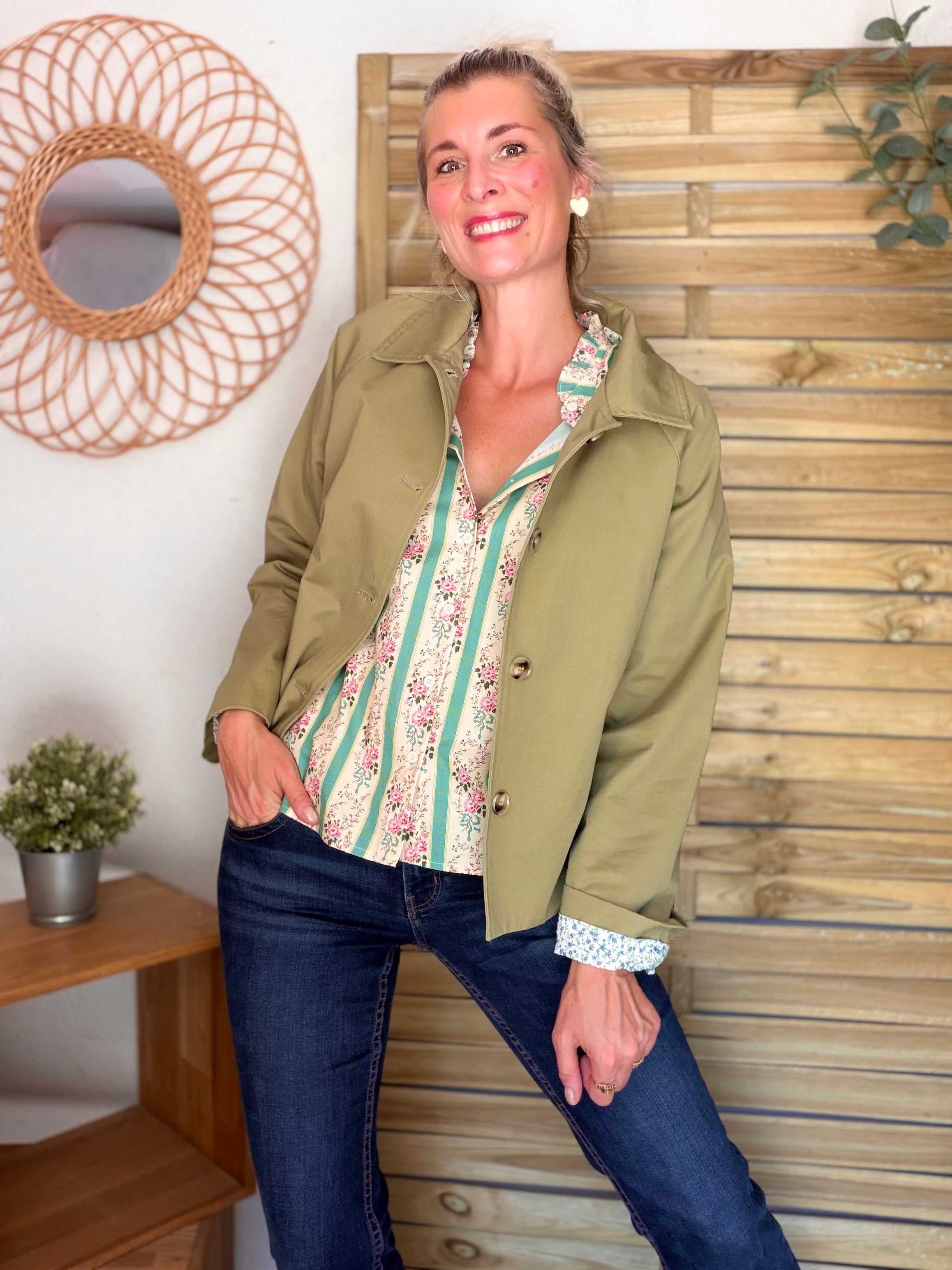 Blouse fleurie rayures VALENTINE vert céladon