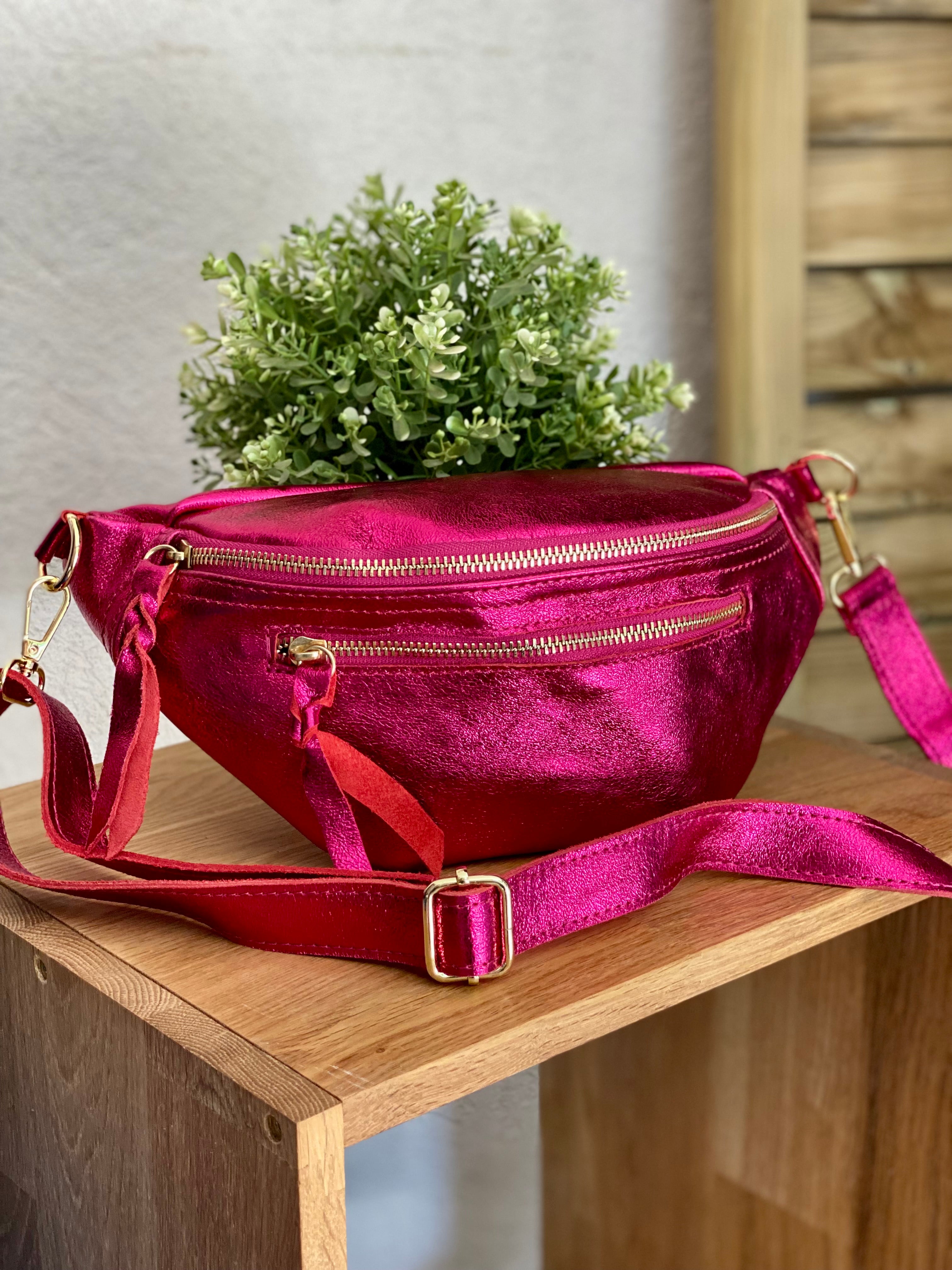 Sac banane en cuir irisé double poche - OPALE - Fuschia