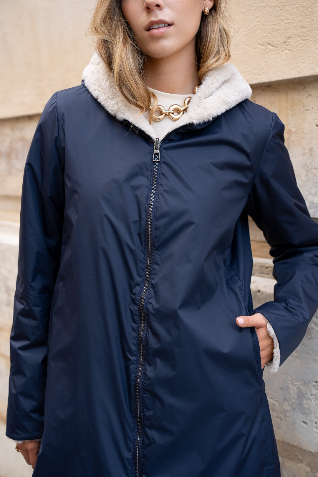 Parka Imperméable réversible fourrée Bleu marine / Beige ALIX - LAURA JO