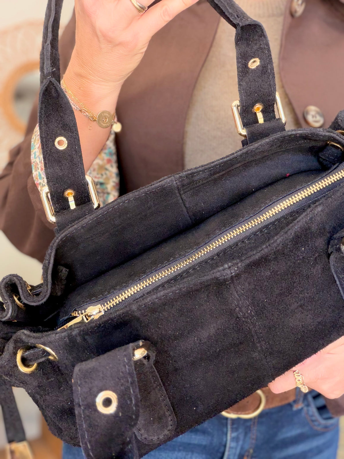 Sac à main en cuir daim GERY - Noir