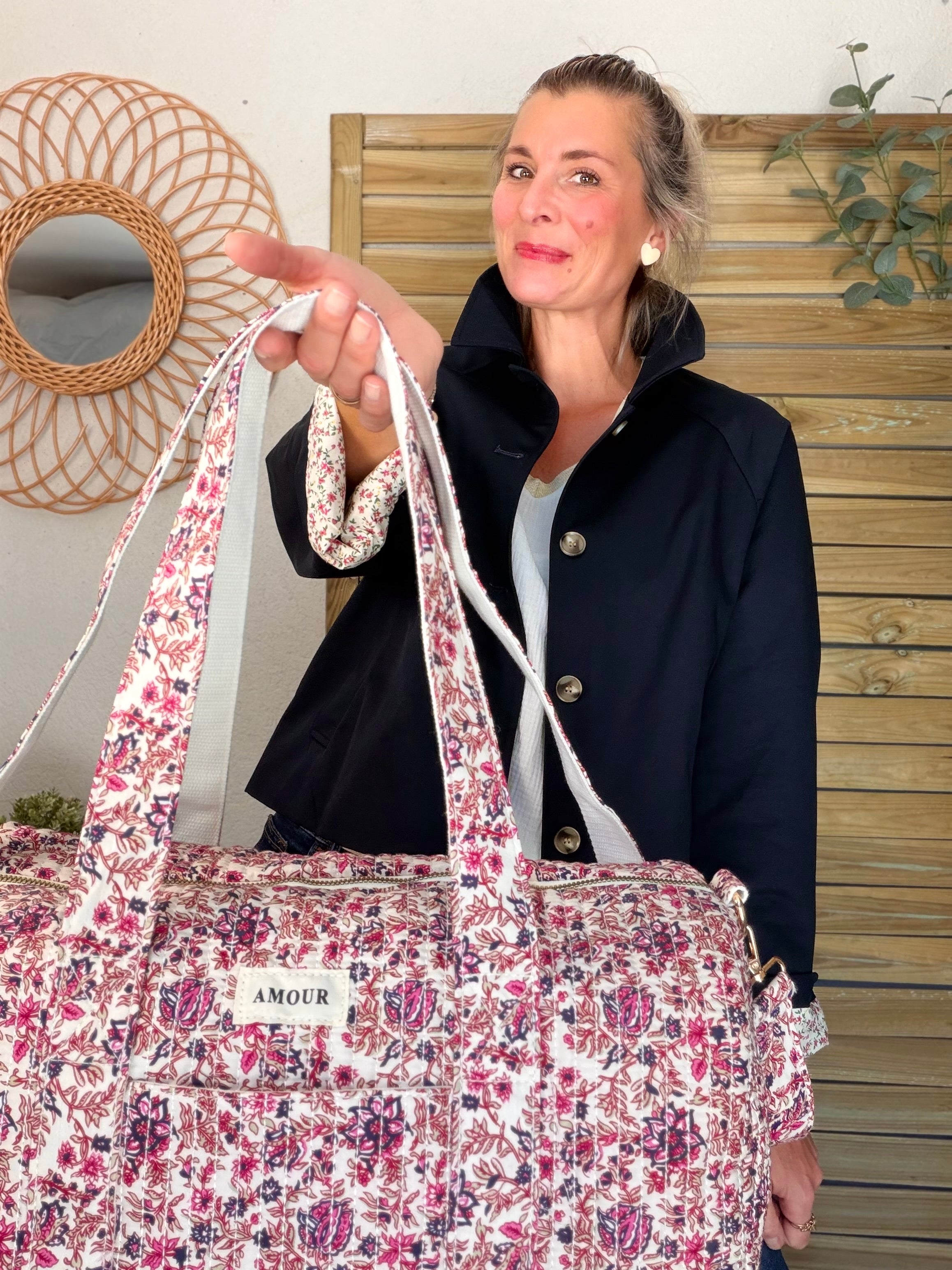 Sac polochon imprimé NOA - Fleuri rose / bleu